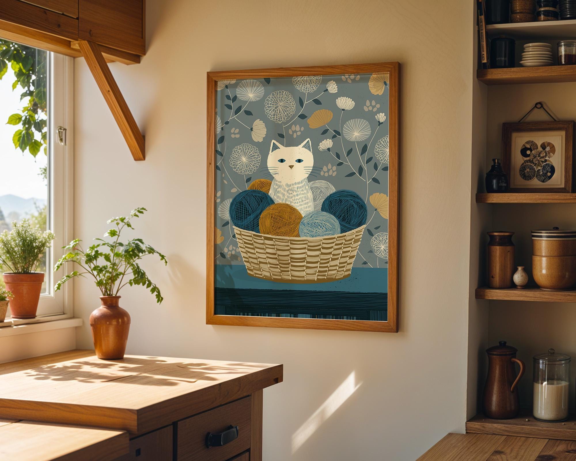Cat Yarn Basket Knitting Cat Cozy Nursery Wall Art by The Wall Art Studio