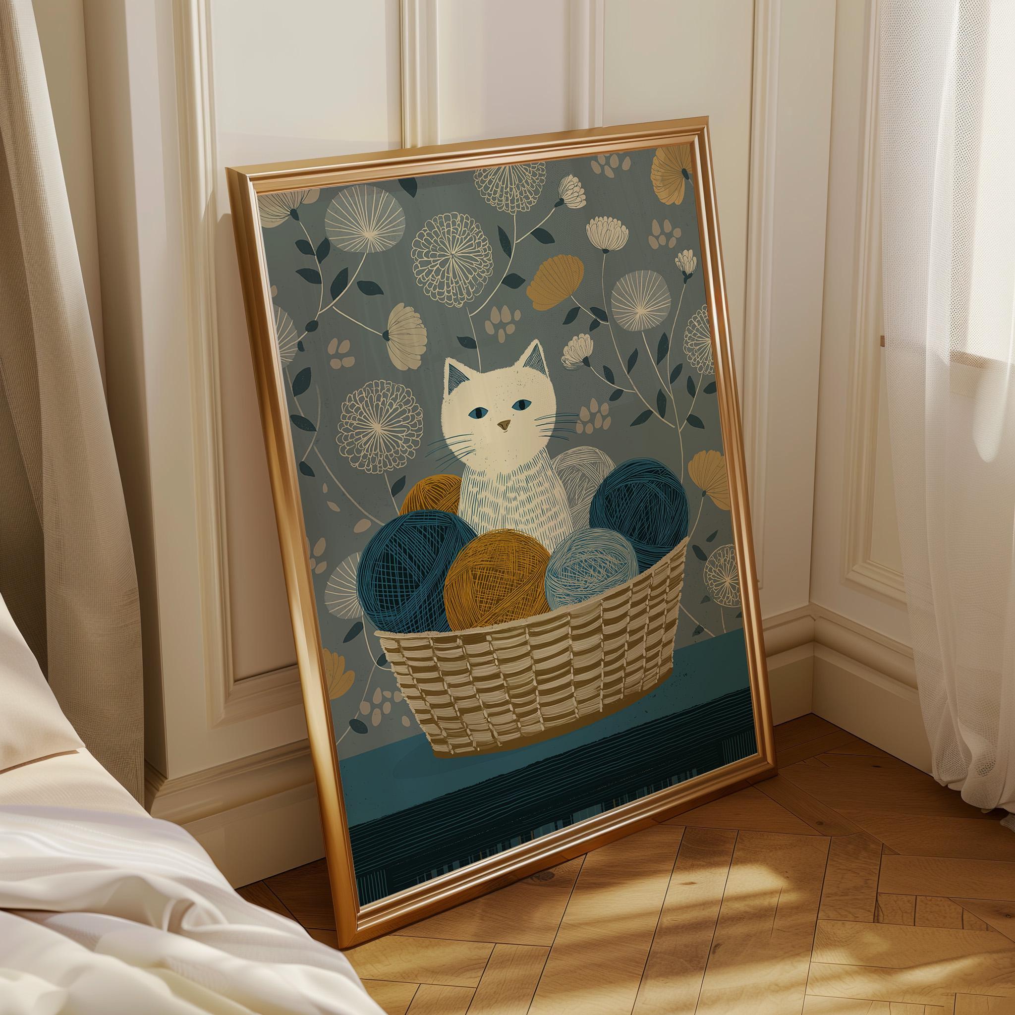 Cat Yarn Basket Knitting Cat Cozy Nursery Wall Art by The Wall Art Studio