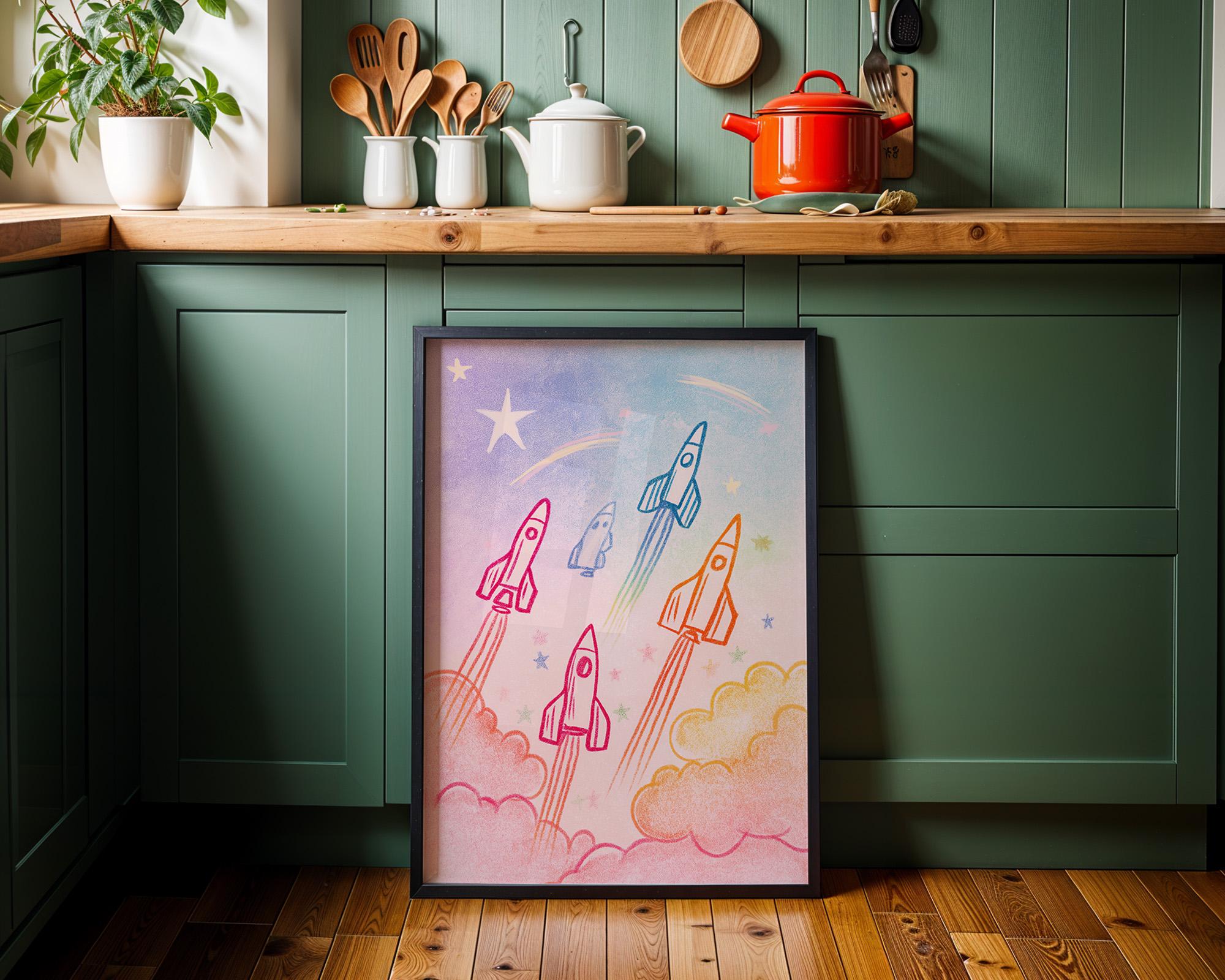 Rainbow Rocket Pastel Kids Space Nursery Wall Art by The Wall Art Studio