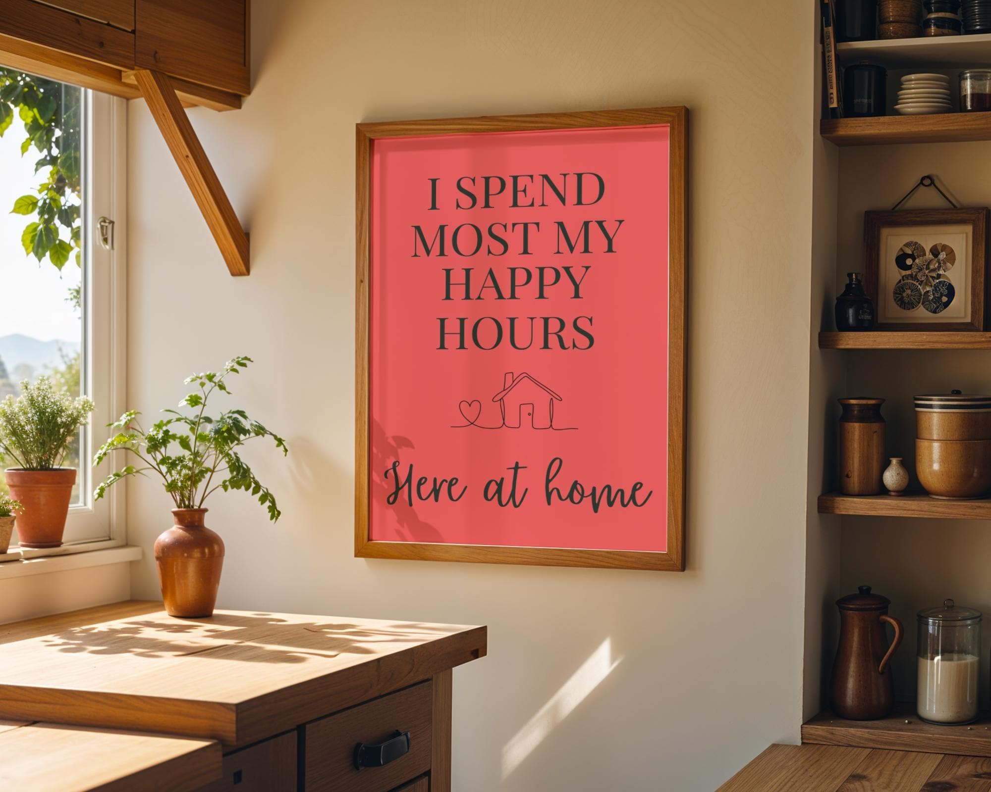 Peach Quote Wall Art "I Spend Most My Happy Hours Here at Home" by The Wall Art Studio