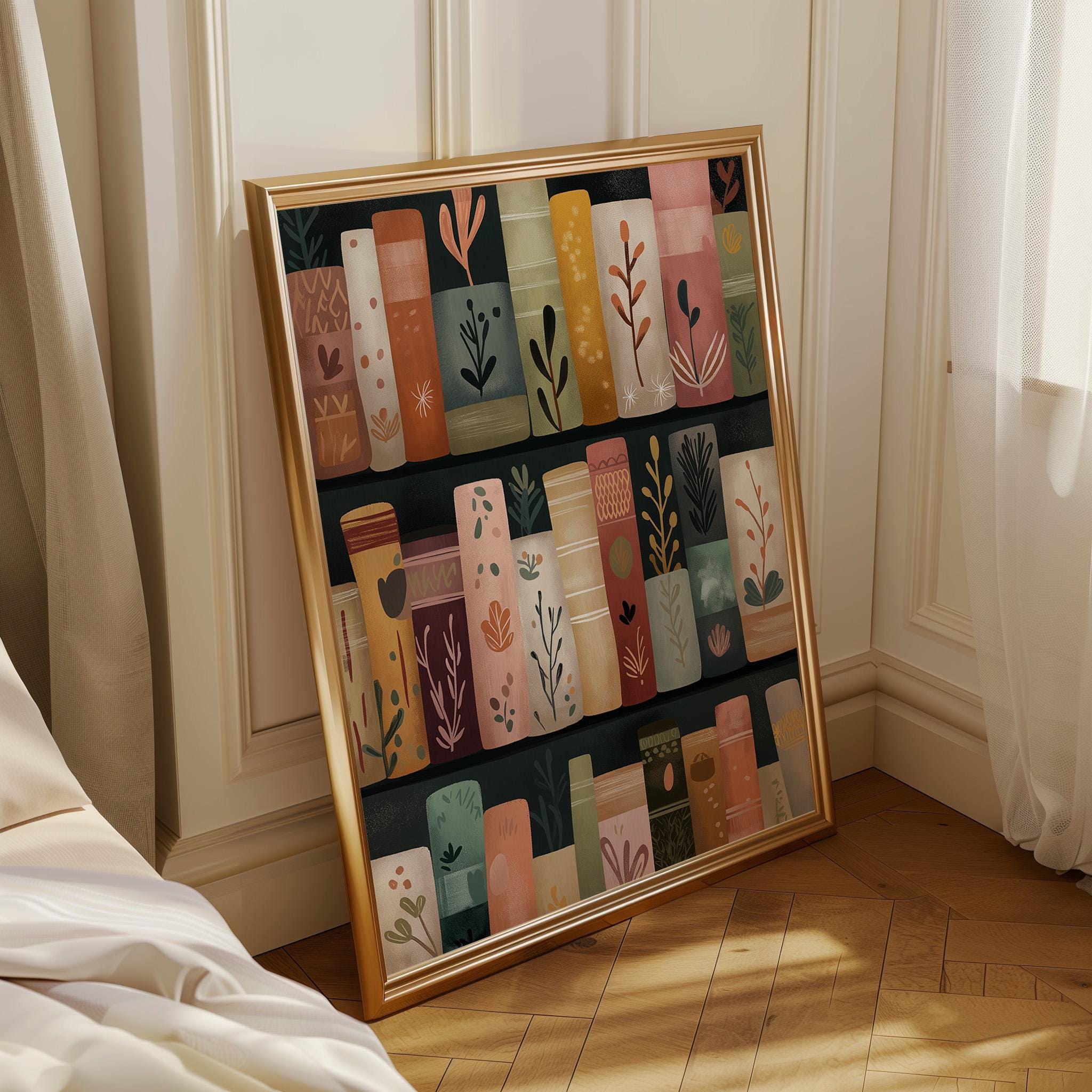 Whimsical Library Floral Bookshelf Botanical Book Lover Wall Art by The Wall Art Studio