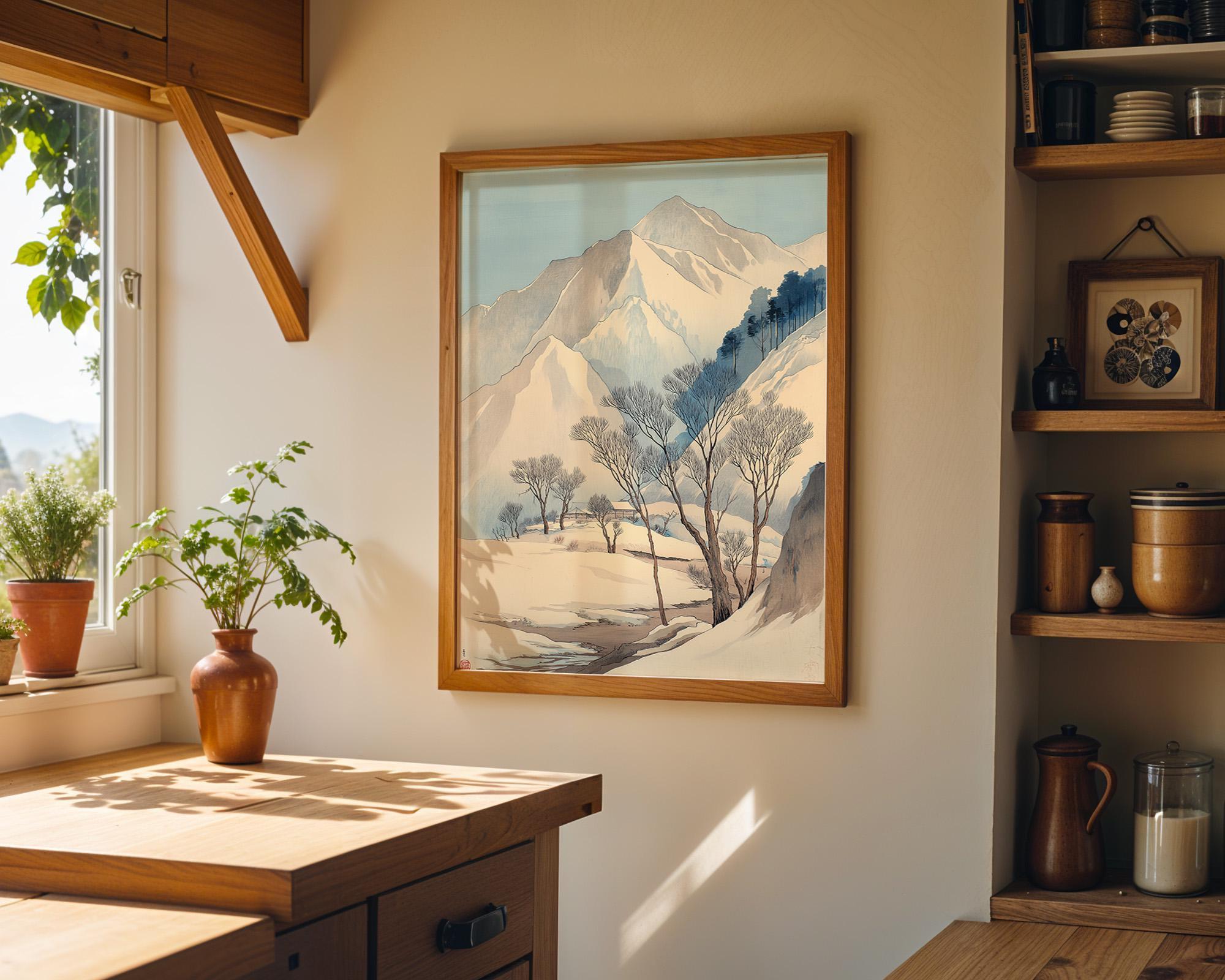 Japanese Winter Mountain Minimalist Snow Landscape Wall Art by The Wall Art Studio