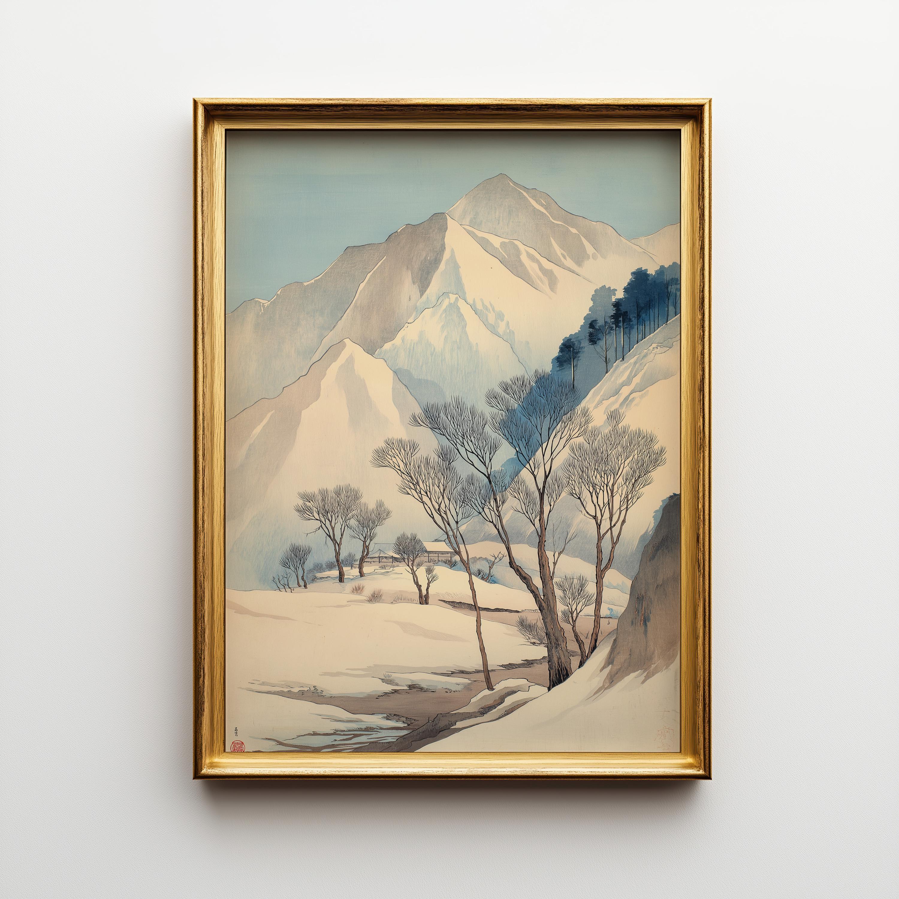 Japanese Winter Mountain Minimalist Snow Landscape Wall Art by The Wall Art Studio