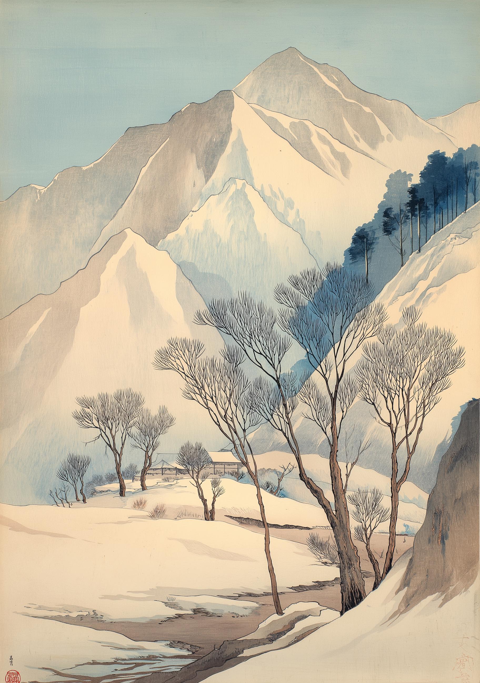 Japanese Winter Mountain Minimalist Snow Landscape Wall Art by The Wall Art Studio