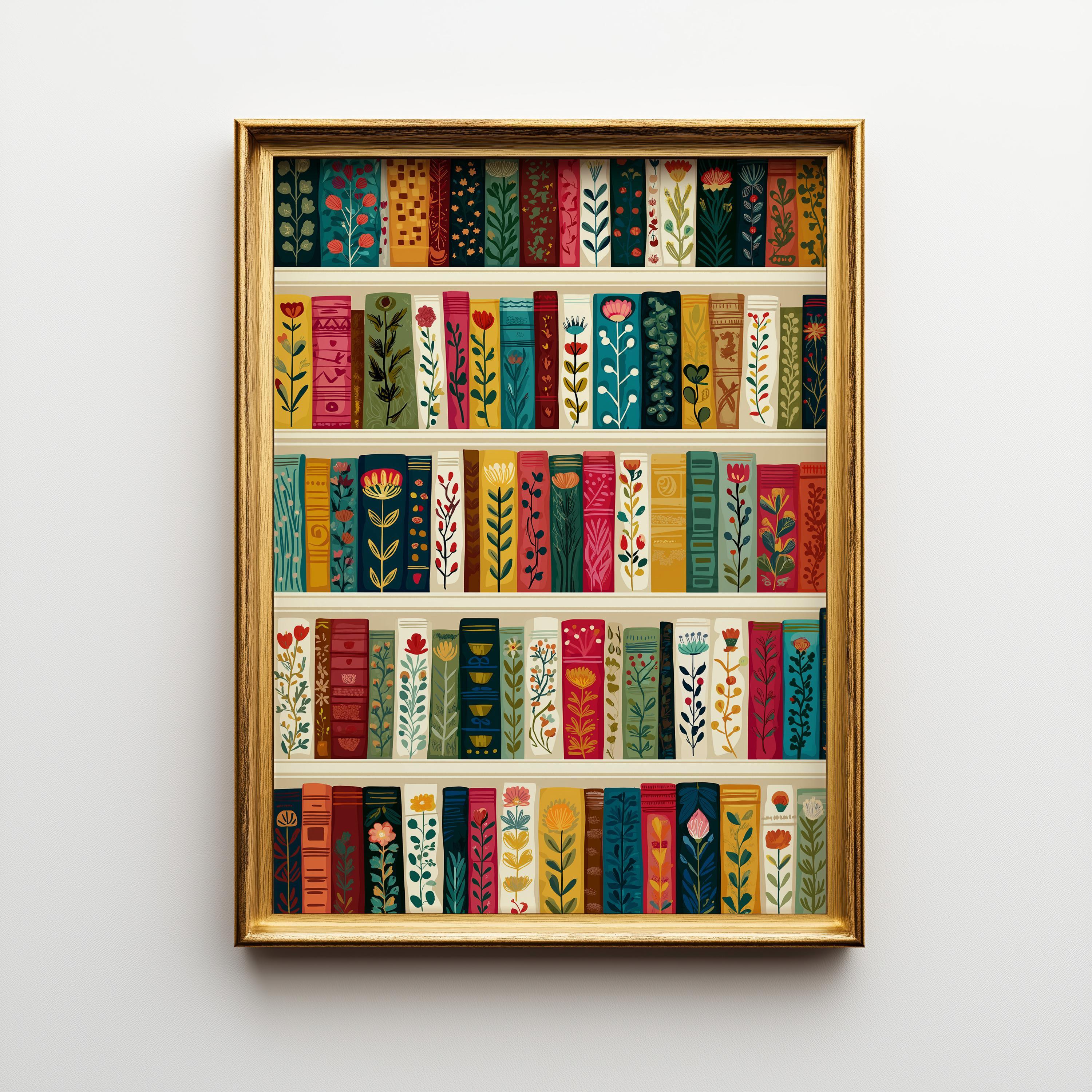 Floral Bookshelf Botanical Book Lover Whimsical Library Wall Art by The Wall Art Studio