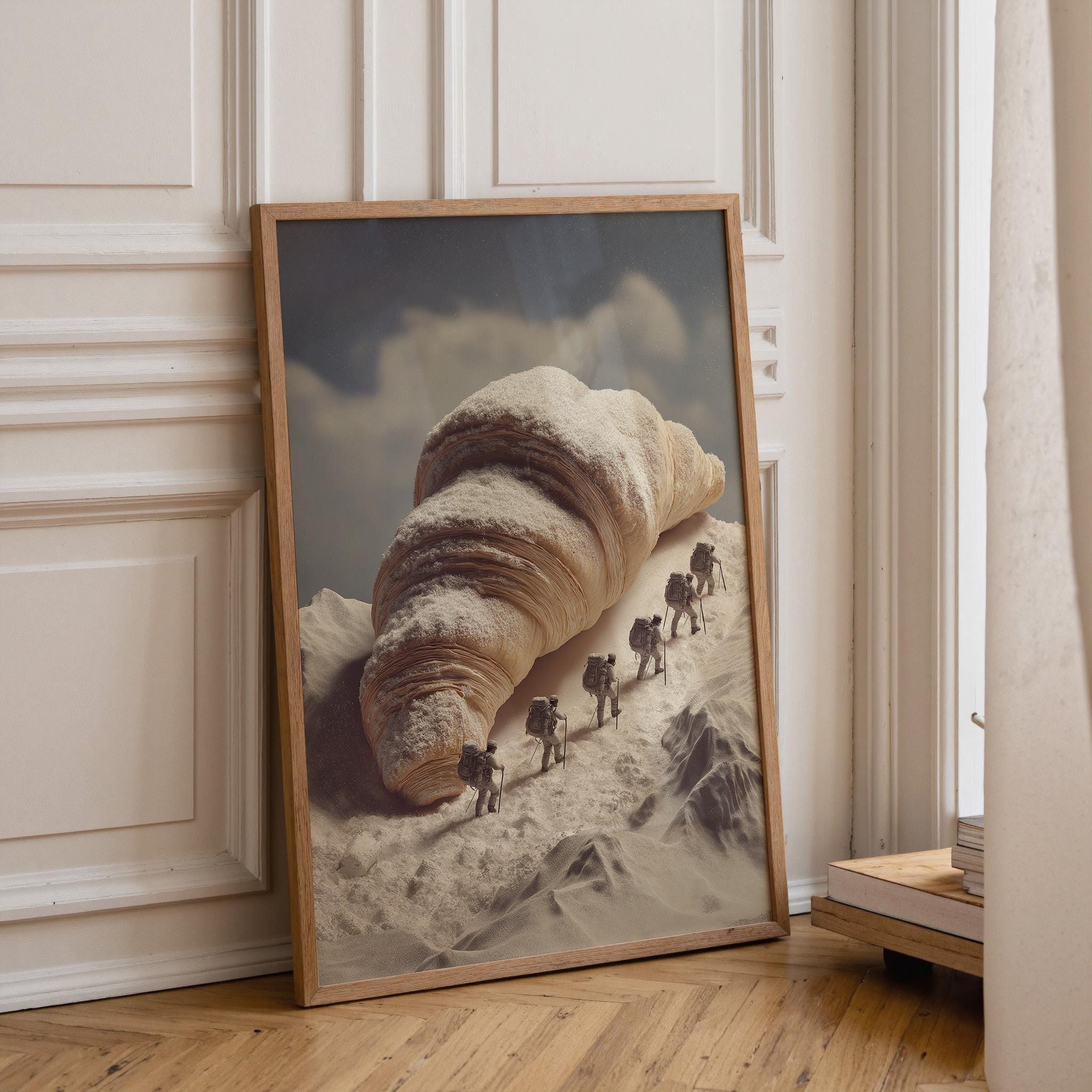 Surreal Croissant Mountain Climbers Whimsical Food Landscape Wall Art