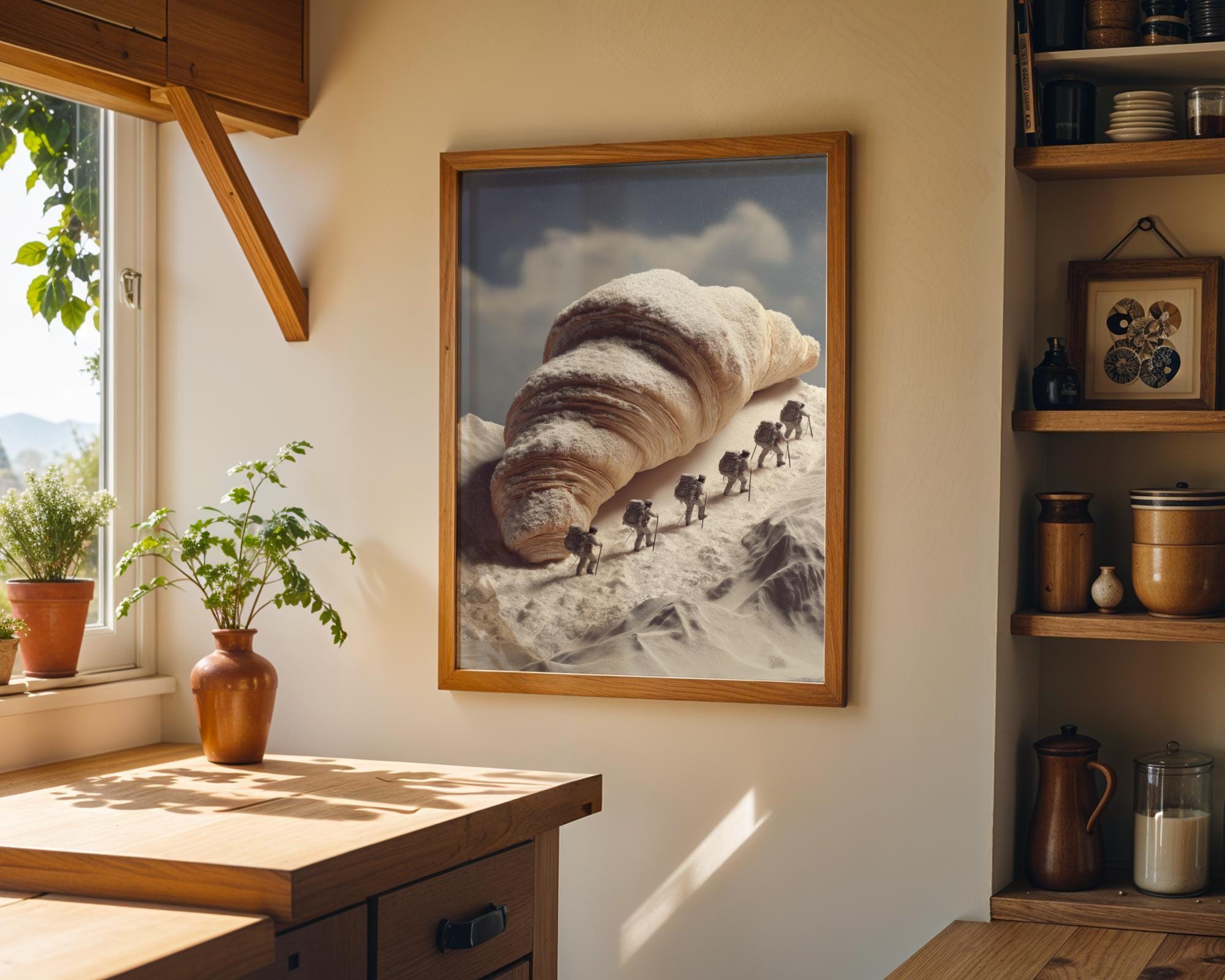 Surreal Croissant Mountain Climbers Whimsical Food Landscape Wall Art