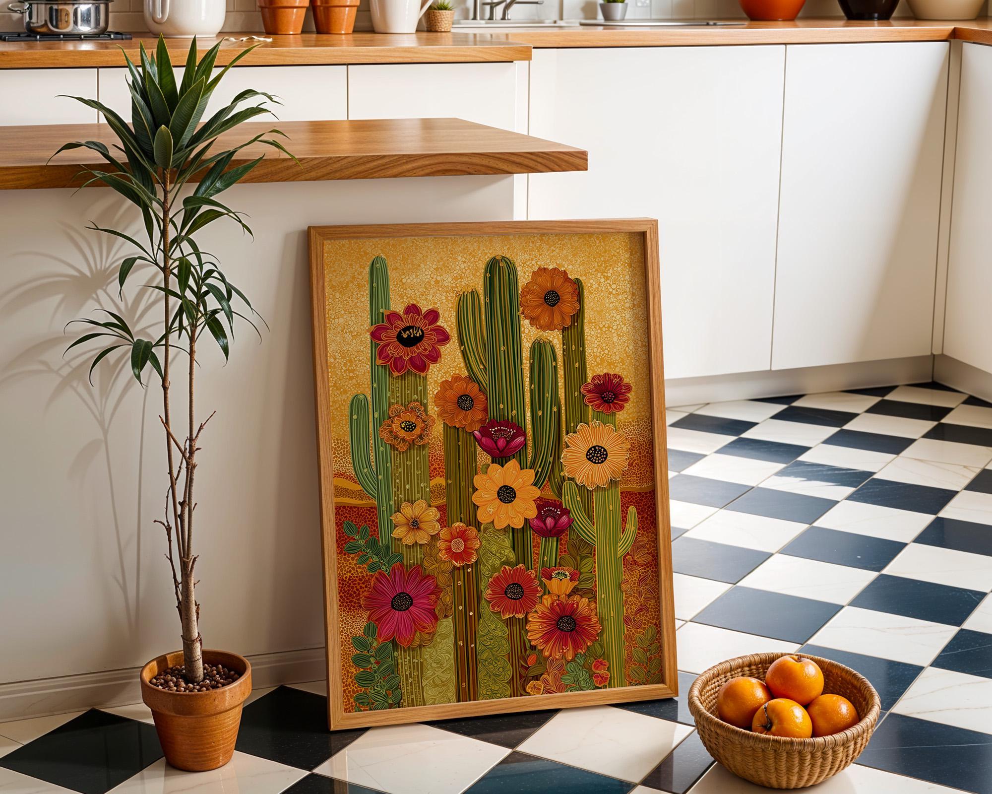 Boho Cactus Warm Desert Floral Southwestern Golden Sunset Wall Art