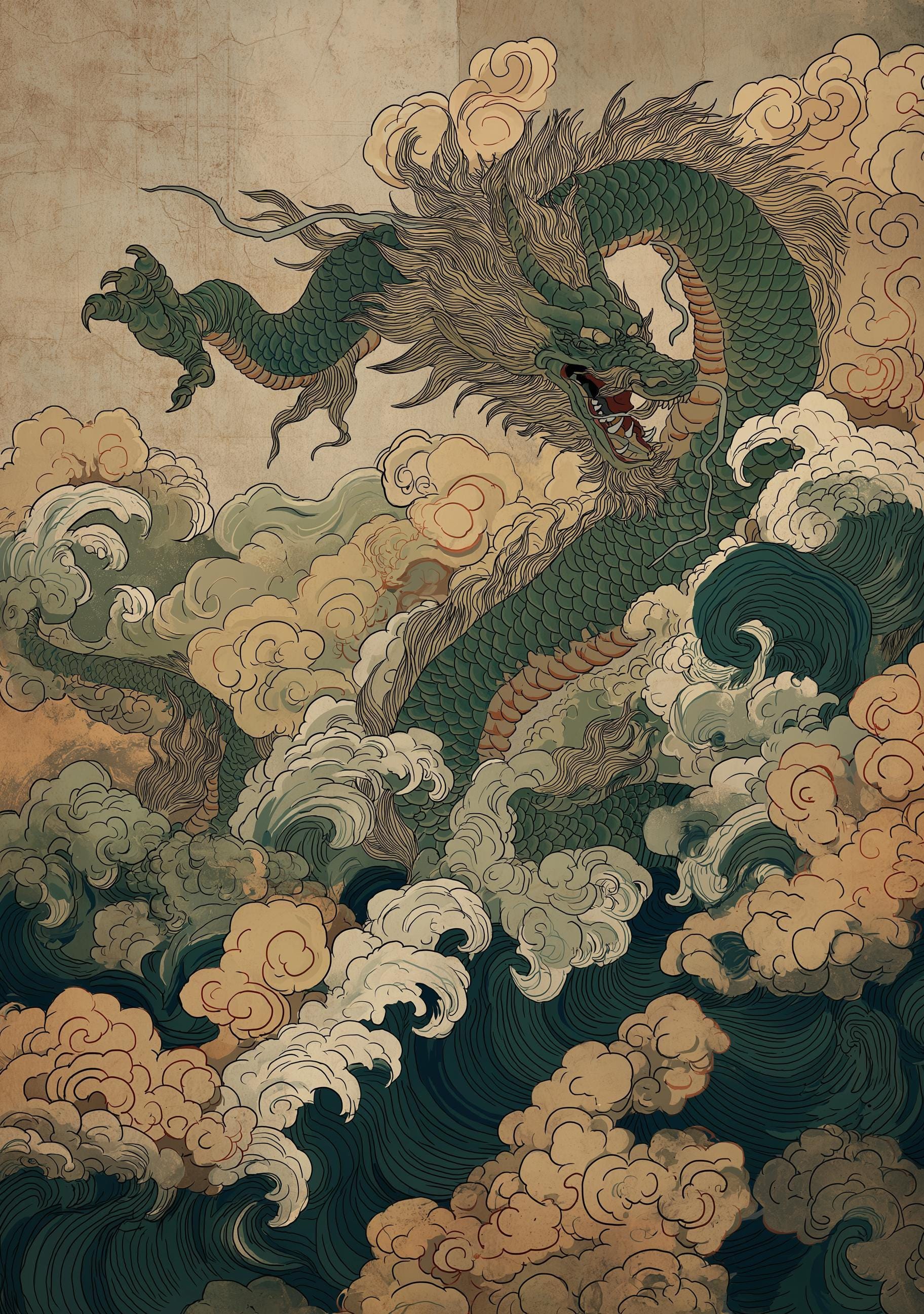 Oriental Dragon Japanese Chinese Mythical Creature Vintage Ink Style Wall Art