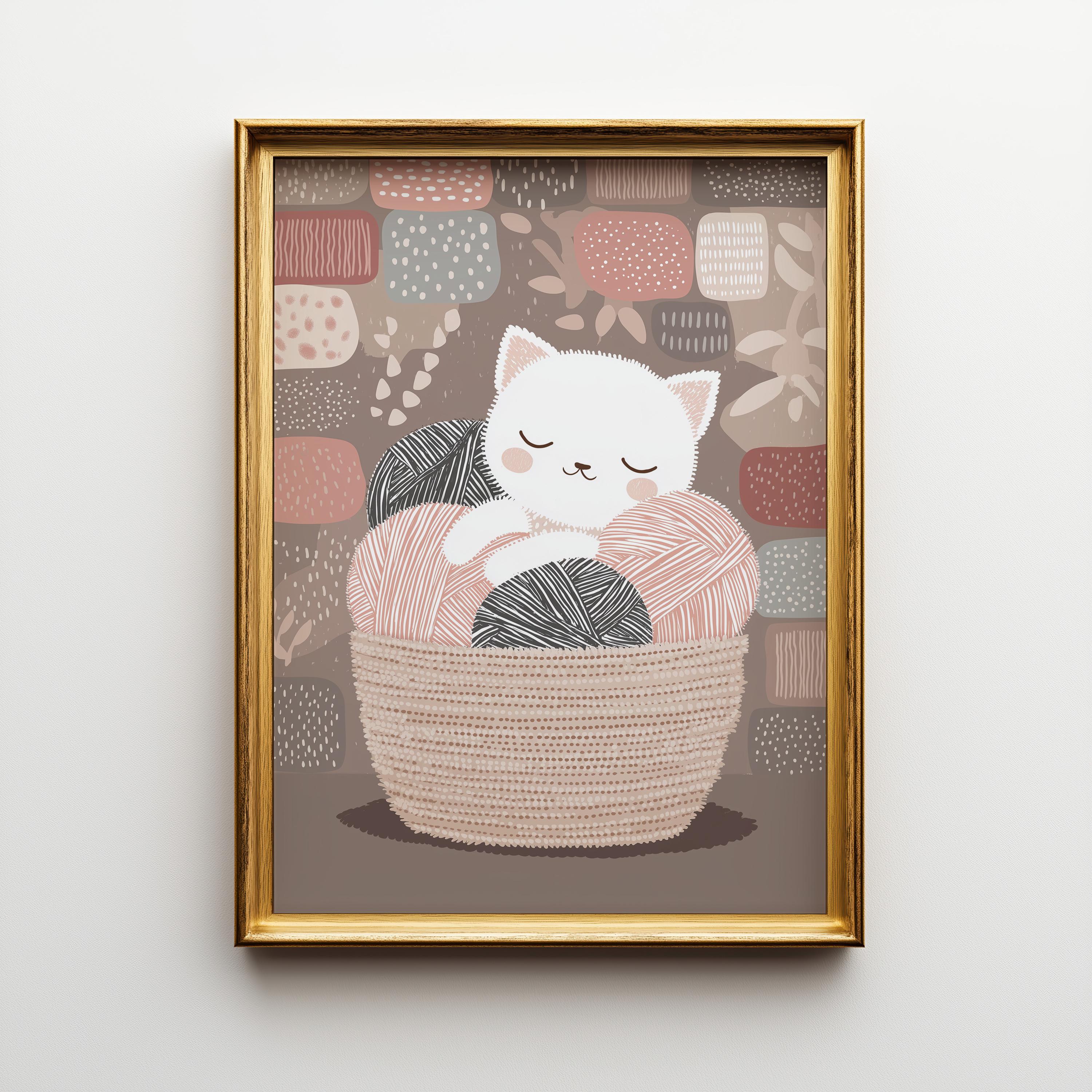 Kitten in Yarn Basket Knitting Cat Cozy Nursery Wall Art by The Wall Art Studio
