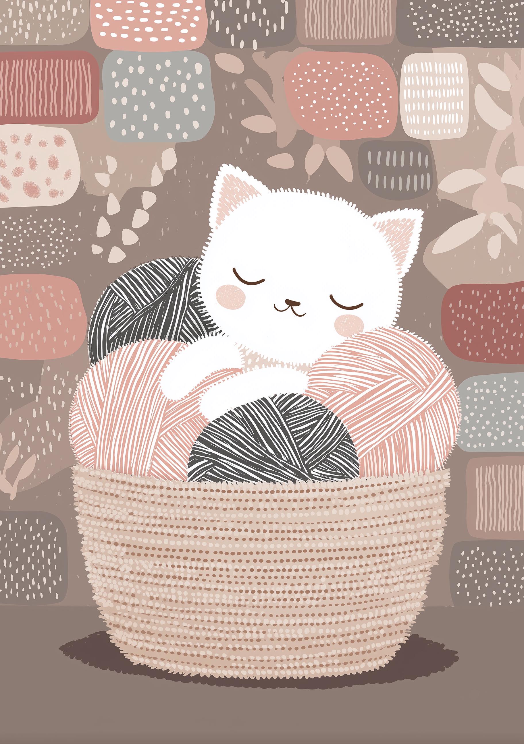 Kitten in Yarn Basket Knitting Cat Cozy Nursery Wall Art by The Wall Art Studio