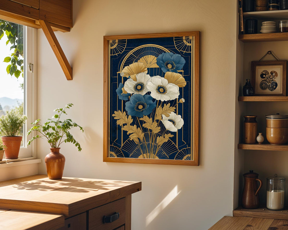 Navy Blue and Gold Art Deco Floral Wall Art by The Wall Art Studio