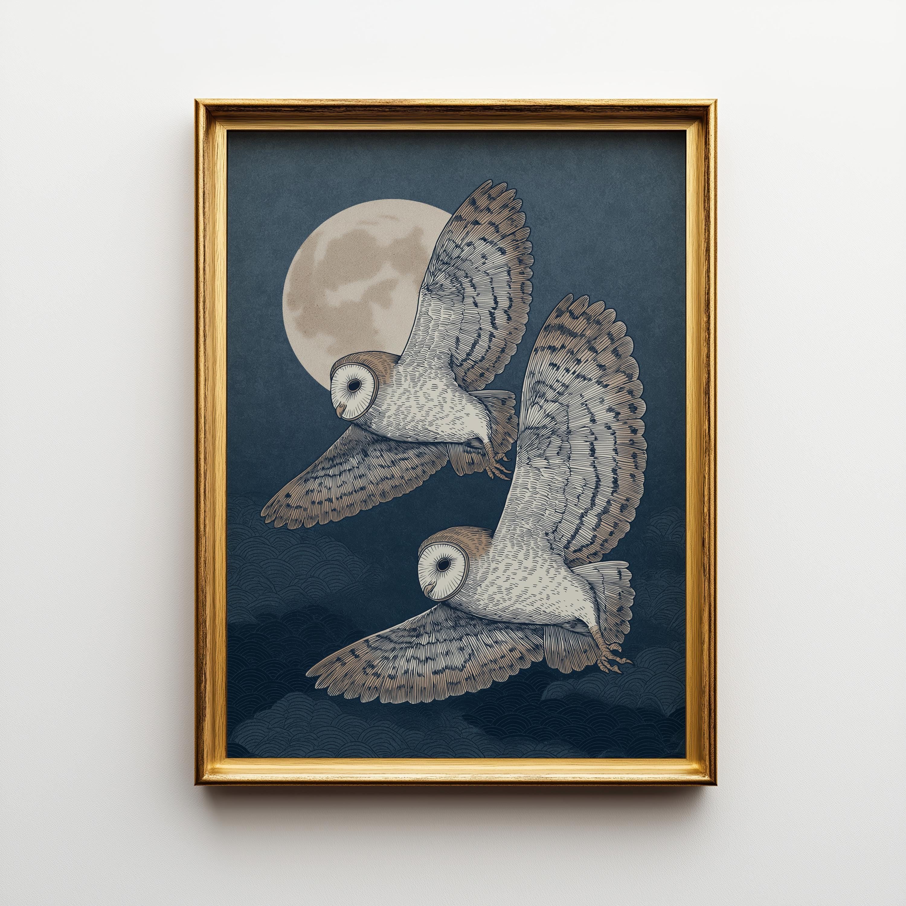 Japanese Style Owl Ukiyo-e Inspired Night Moon Wall Art by The Wall Art Studio