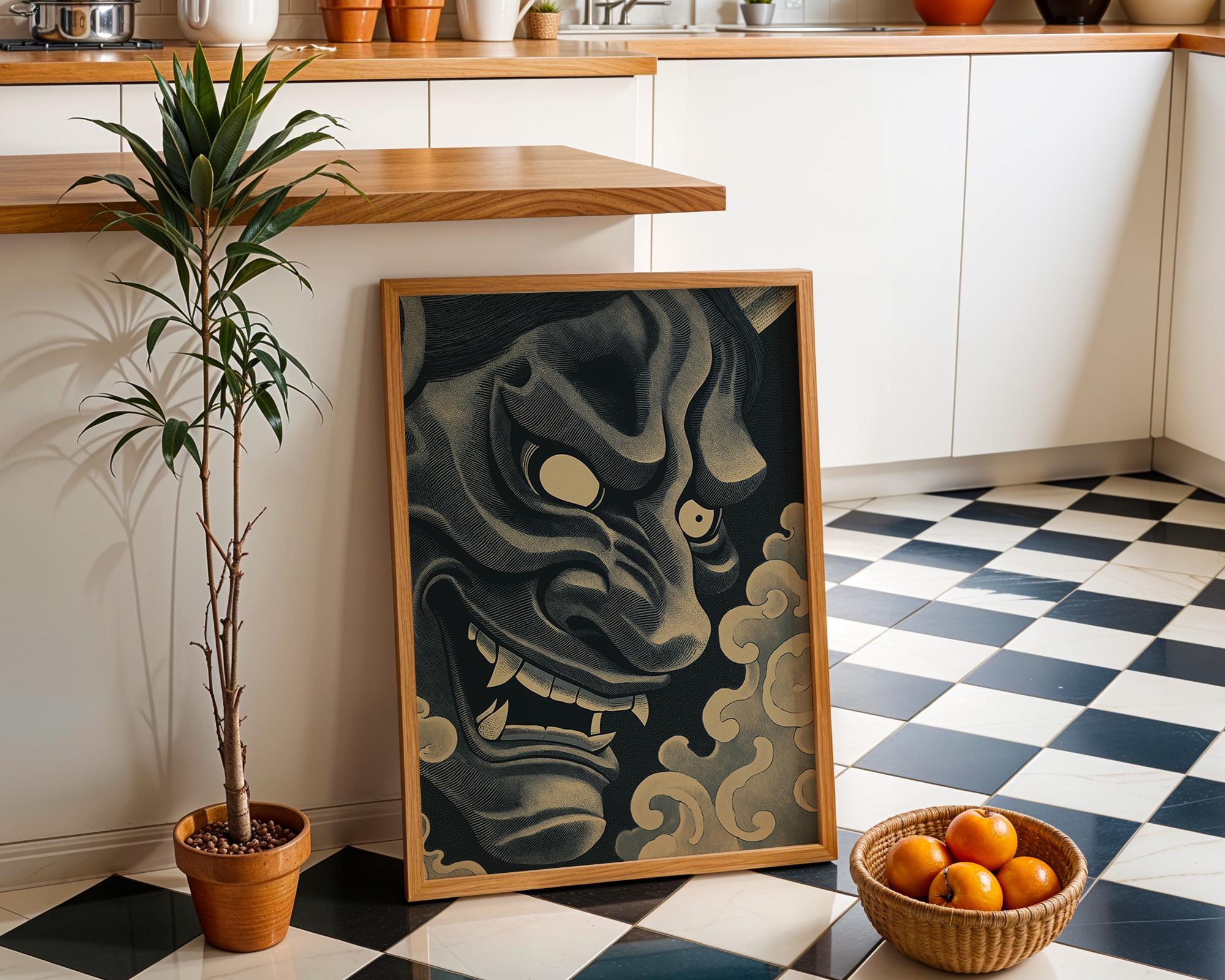 Black Oni Mask Wall Art, Japanese Demon Ukiyo-e Print, Gothic Samurai Decor (Framed Option)
