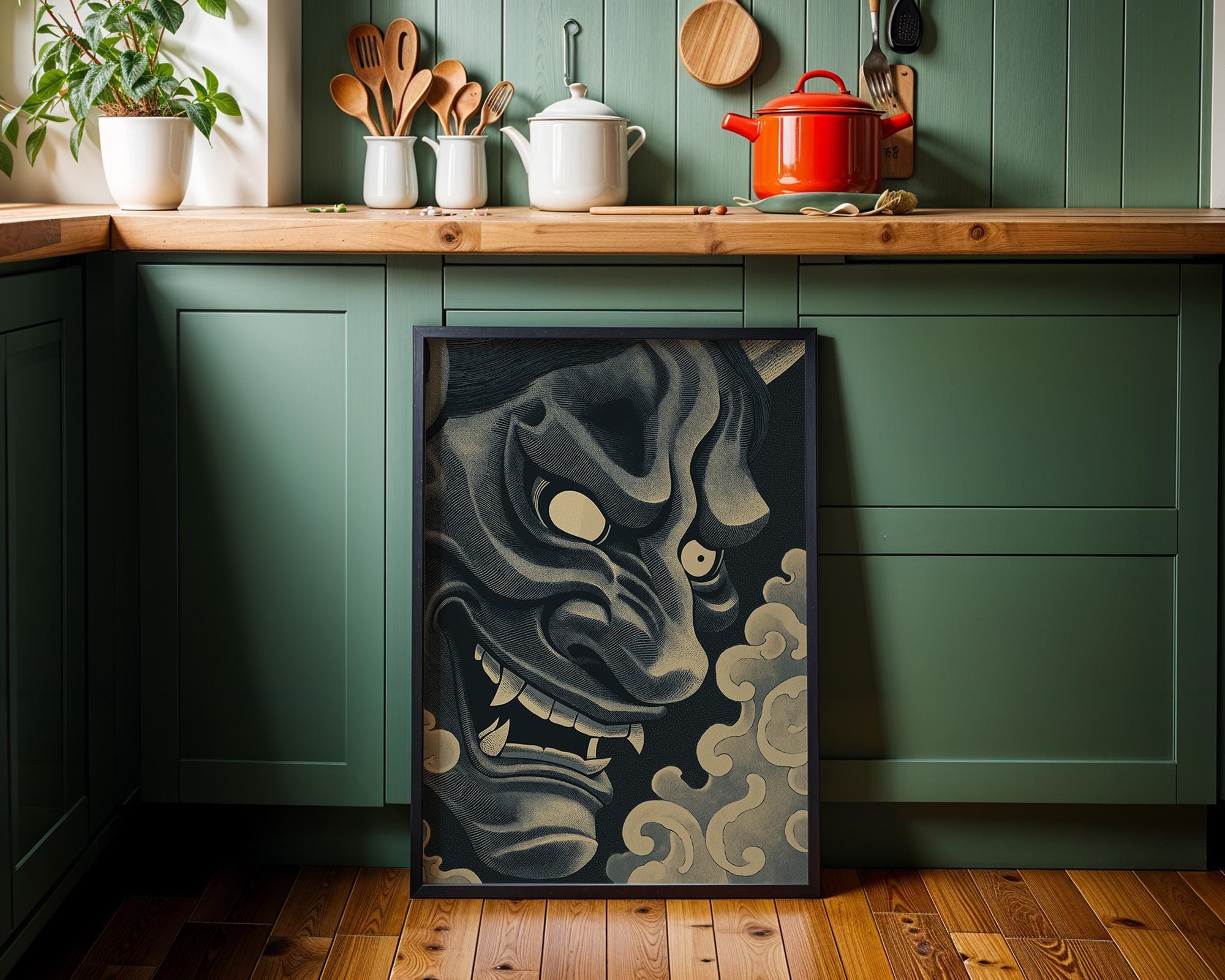 Black Oni Mask Wall Art, Japanese Demon Ukiyo-e Print, Gothic Samurai Decor (Framed Option)