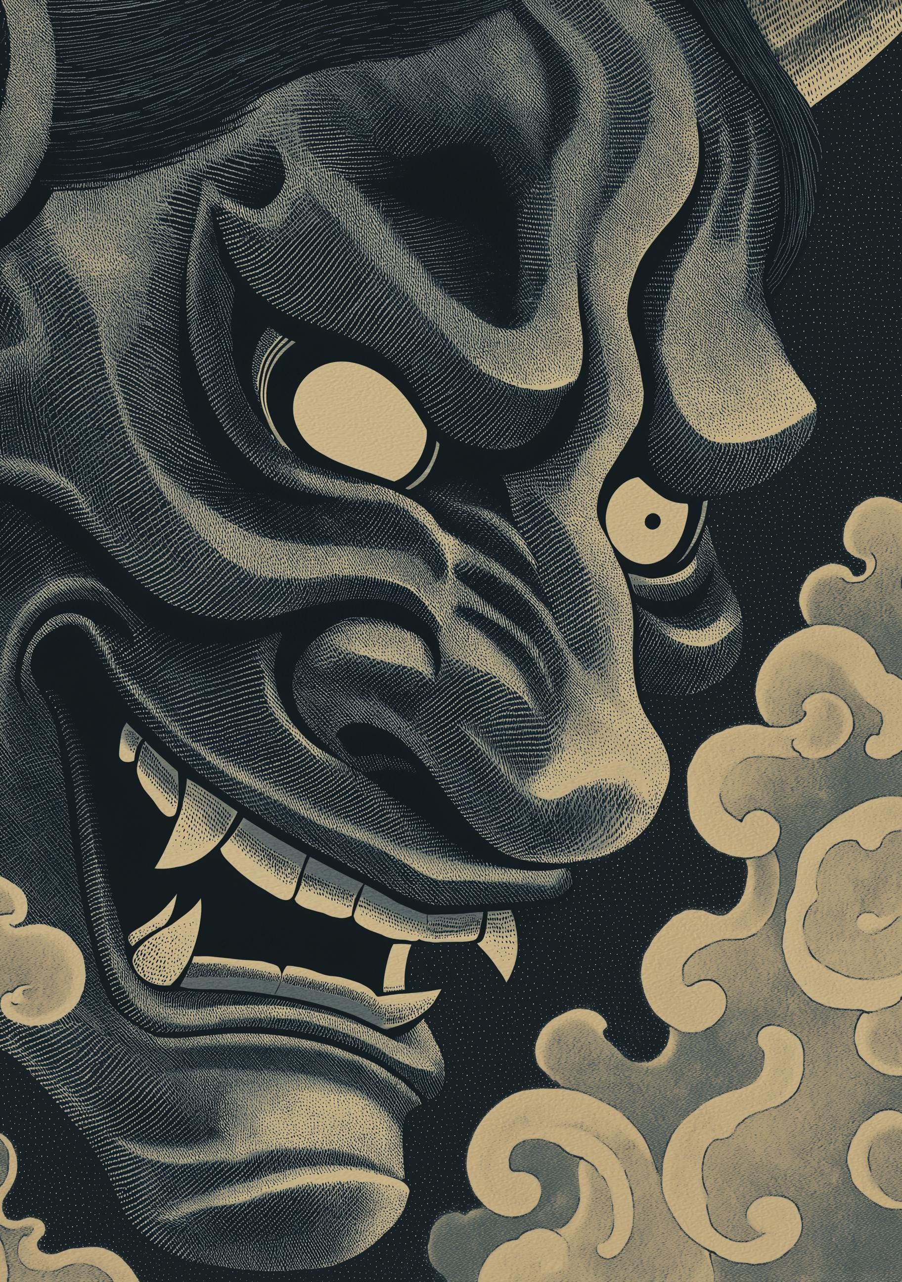 Black Oni Mask Wall Art, Japanese Demon Ukiyo-e Print, Gothic Samurai Decor (Framed Option)