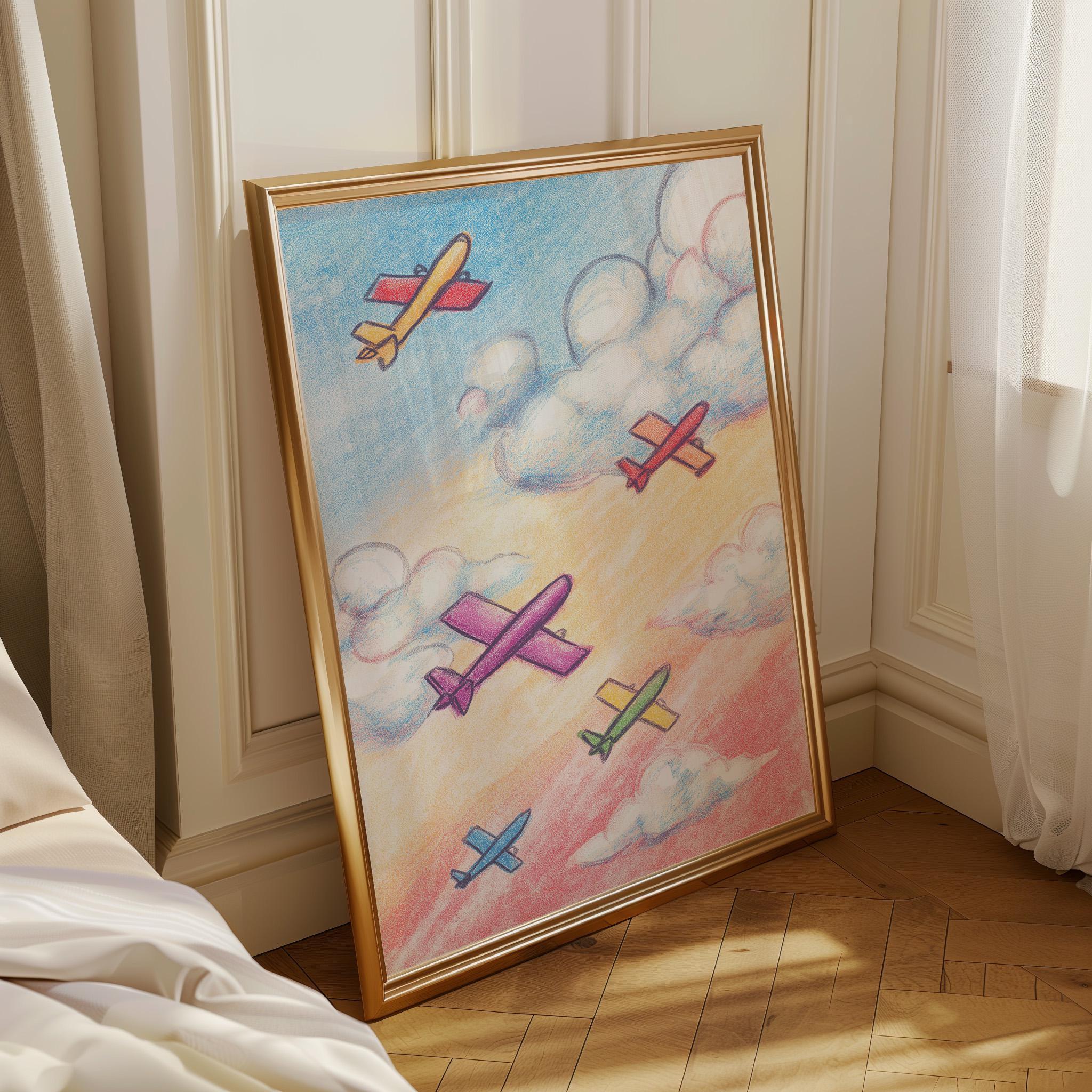 Kids Airplane Crayon Colorful Nursery Playroom Wall Art by The Wall Art Studio