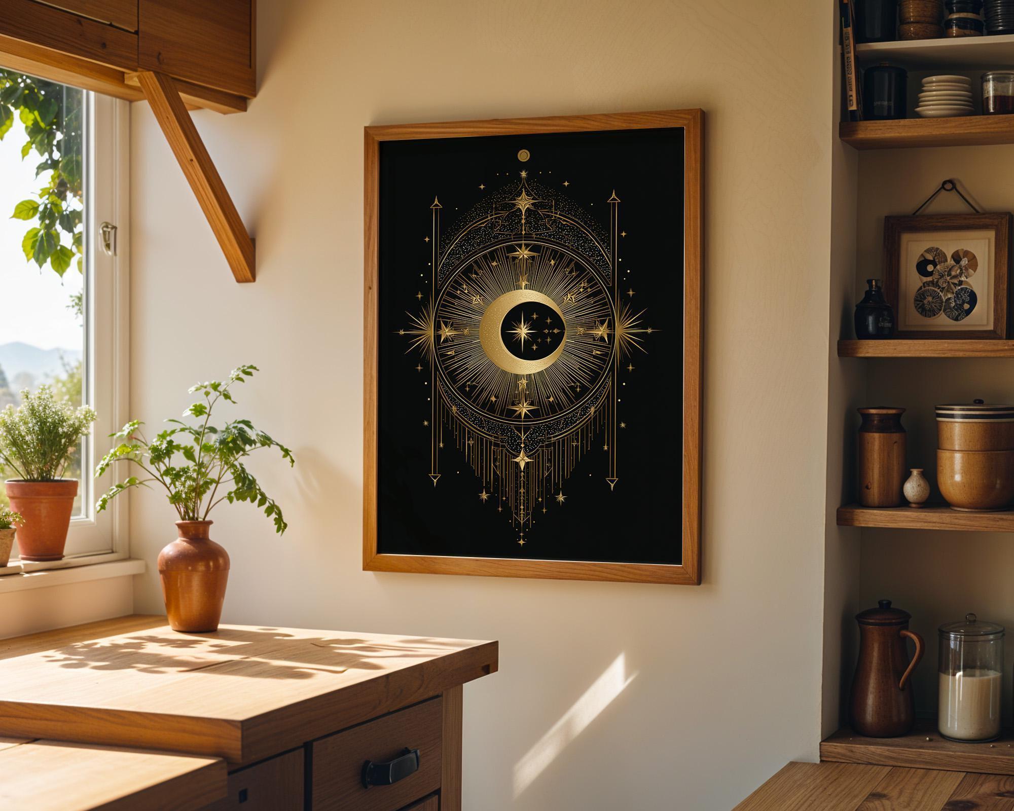Black & Gold Moon Celestial Astrology Boho Wall Art by The Wall Art Studio