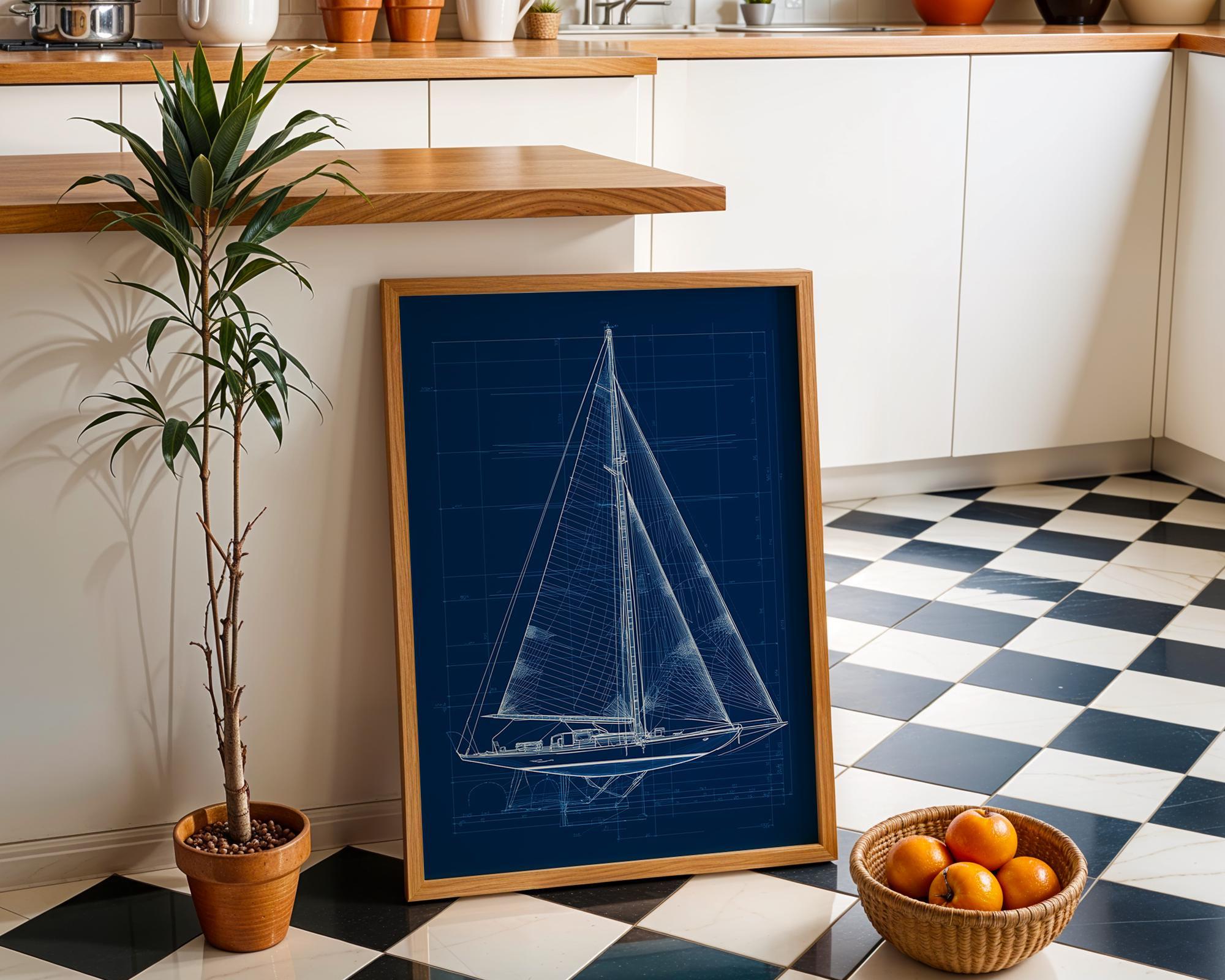 Nautical Blueprint Sailboat Technical Drawing Ship Plan Maritime Wall Art by The Wall Art Studio