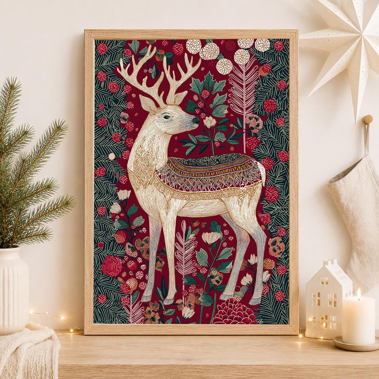 Scandinavian Reindeer Christmas Nordic Folk Botanical Holiday Wall Art by The Wall Art Studio