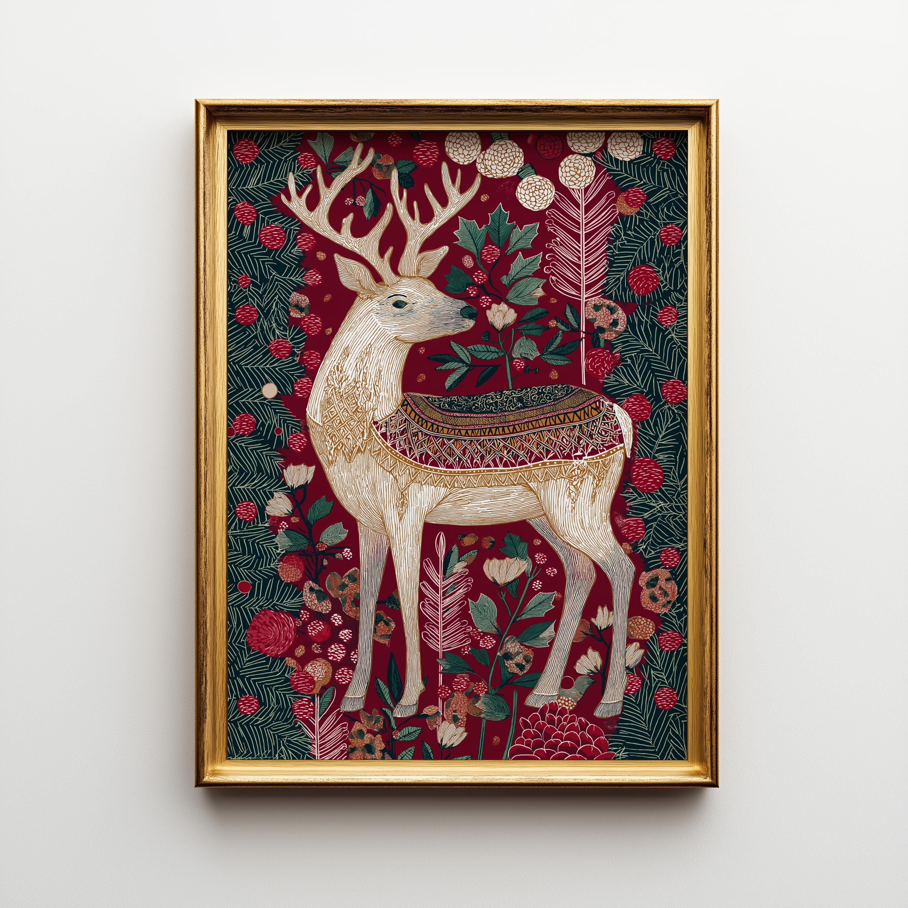Scandinavian Reindeer Christmas Nordic Folk Botanical Holiday Wall Art by The Wall Art Studio