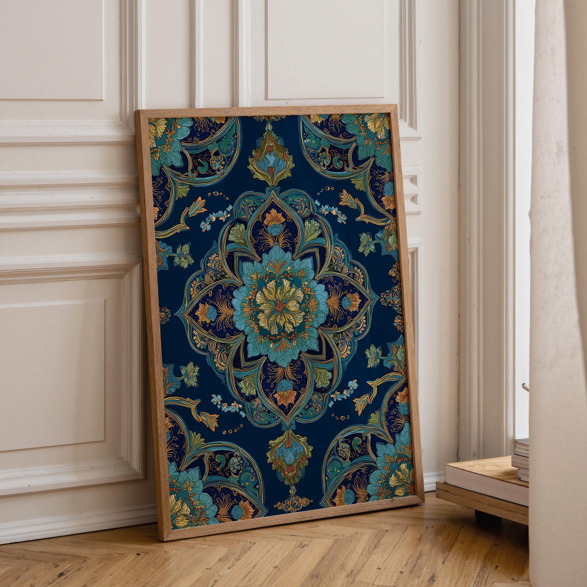 Islamic Floral Blue & Gold Moroccan Arabic Pattern Wall Art by The Wall Art Studio