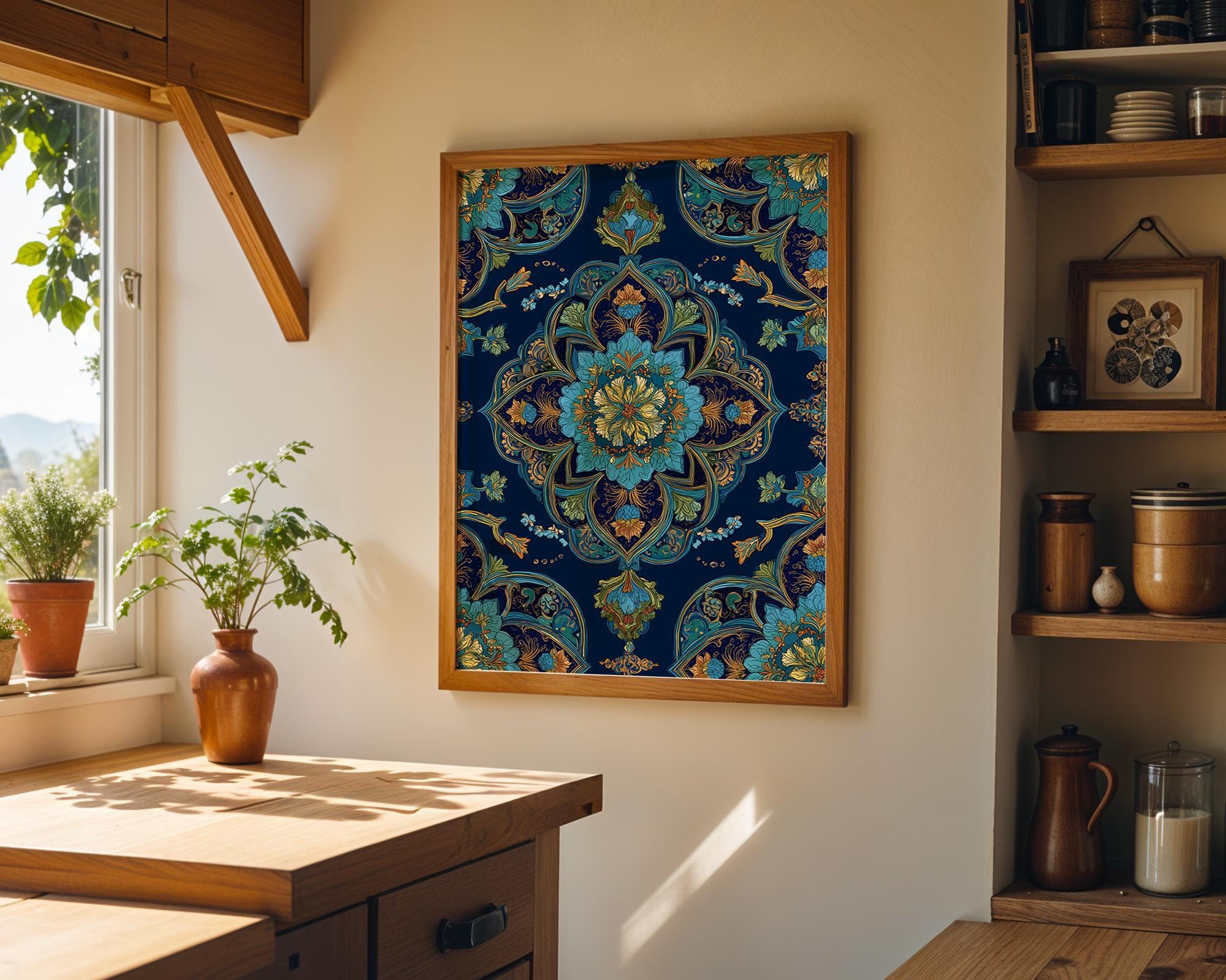 Islamic Floral Blue & Gold Moroccan Arabic Pattern Wall Art by The Wall Art Studio