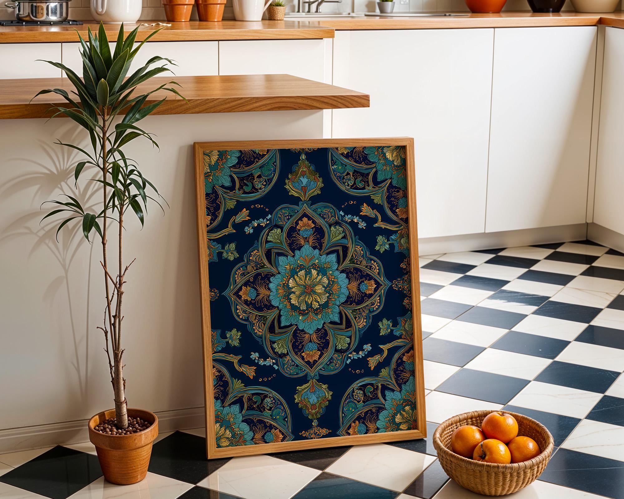 Islamic Floral Blue & Gold Moroccan Arabic Pattern Wall Art by The Wall Art Studio