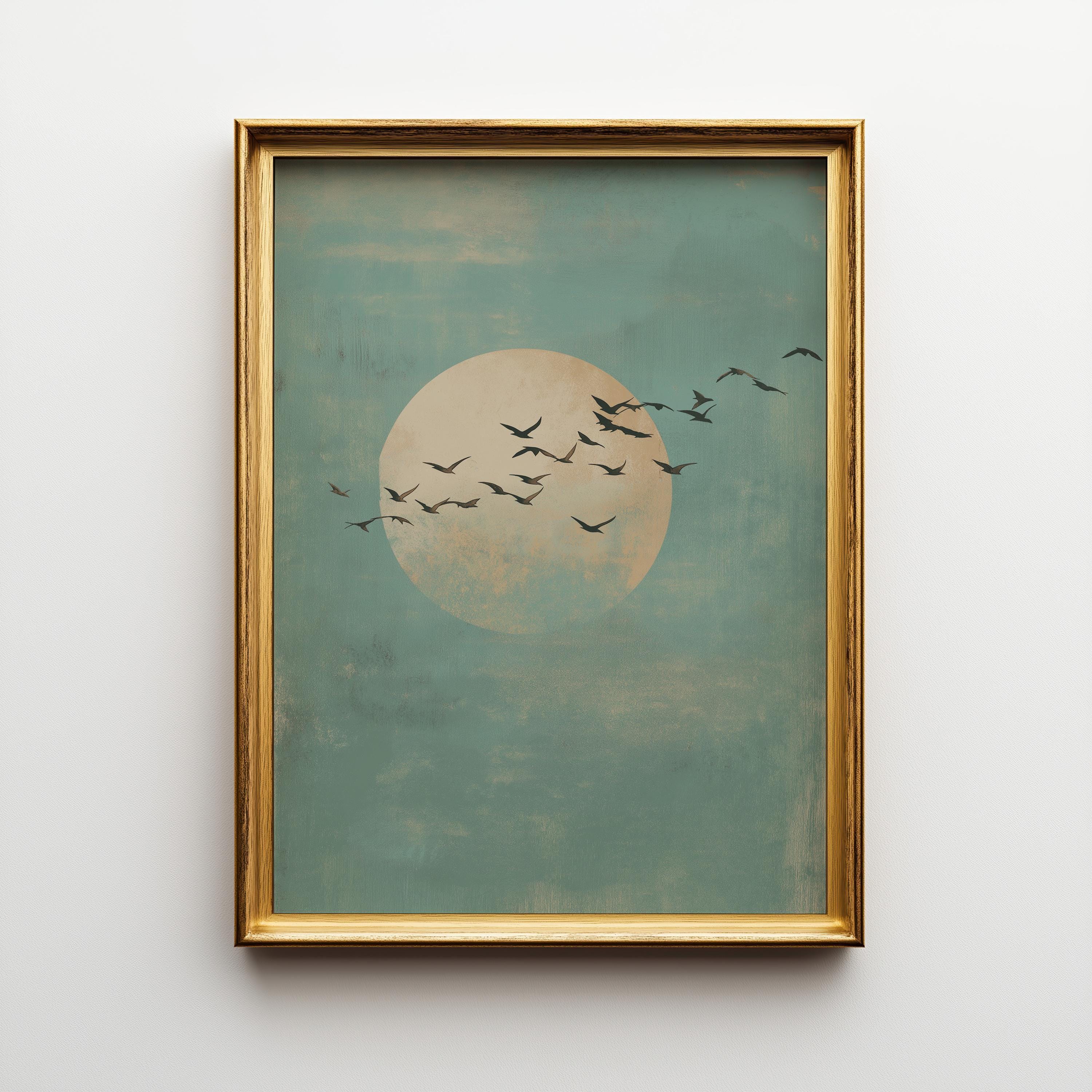Minimalist Moon & Birds Soft Blue Sky Japandi Wall Art by The Wall Art Studio - physical