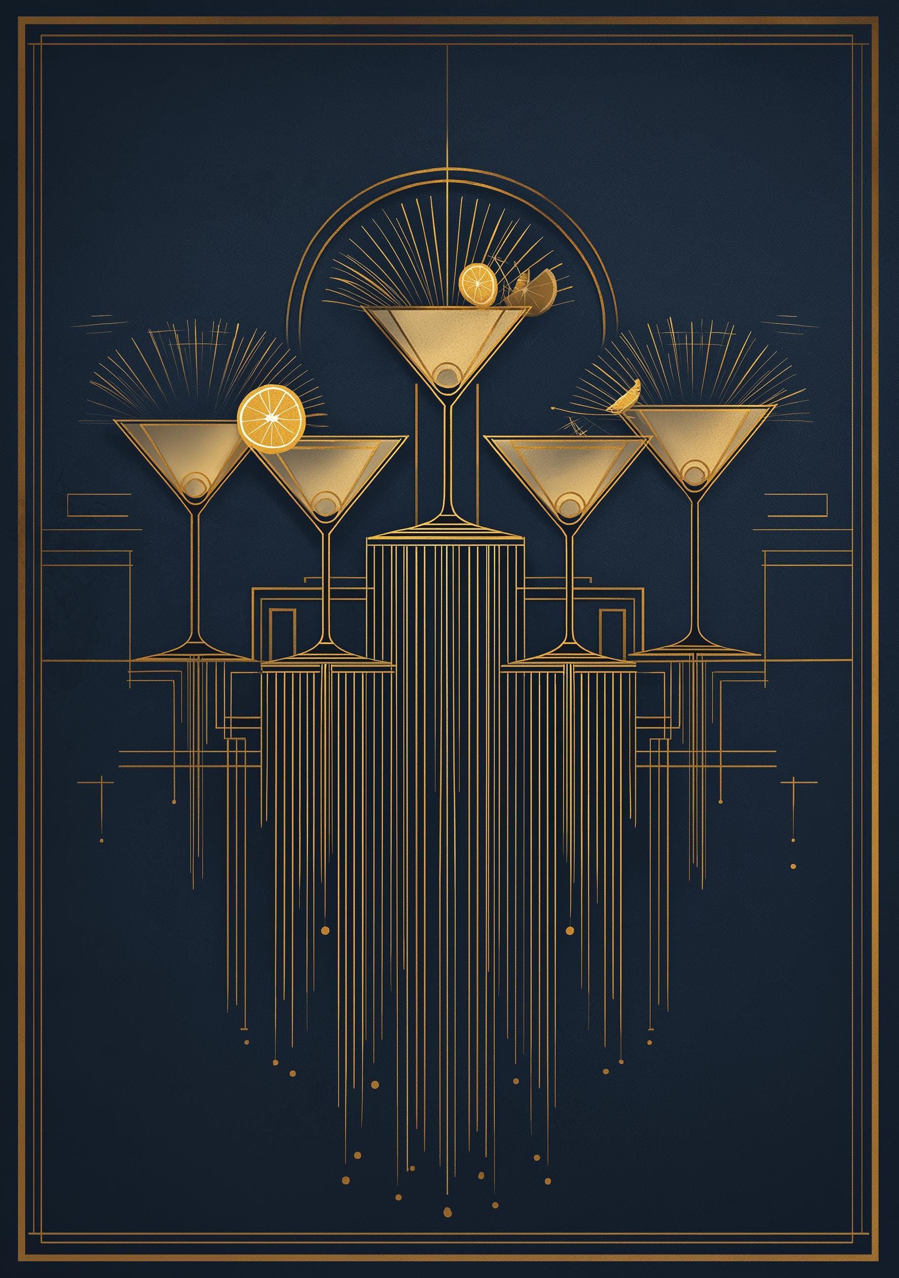 Art Deco Cocktail Wall Art Print, Minimalist Martini Illustration, Blue, Pink and Gold Bar Décor