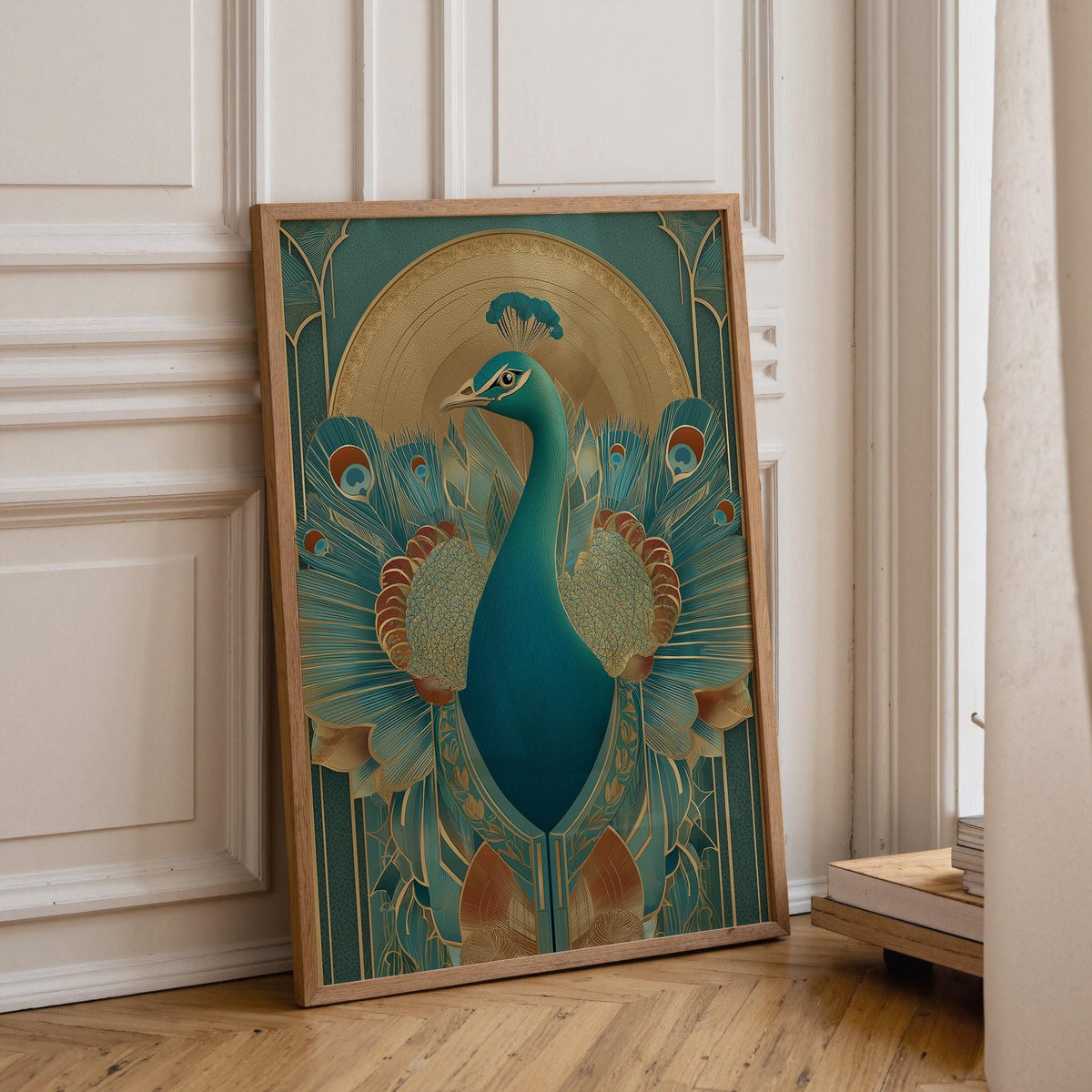 Art Deco Peacock Teal and Gold Elegant Bird Vintage Glam Wall Art by The Wall Art Studio - physical