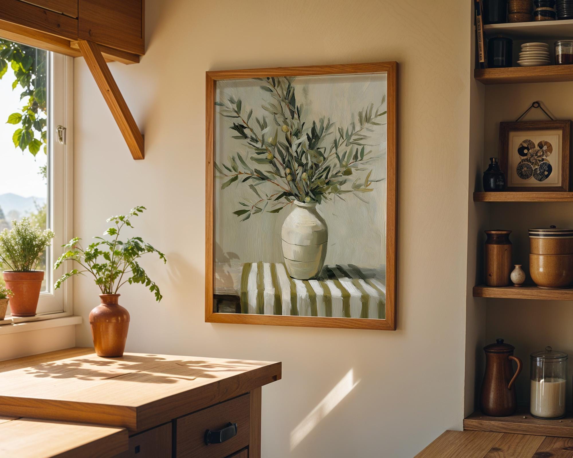 Olive Branch Vase Rustic Mediterranean Neutral Farmhouse Kitchen Wall Art by The Wall Art Studio - physical