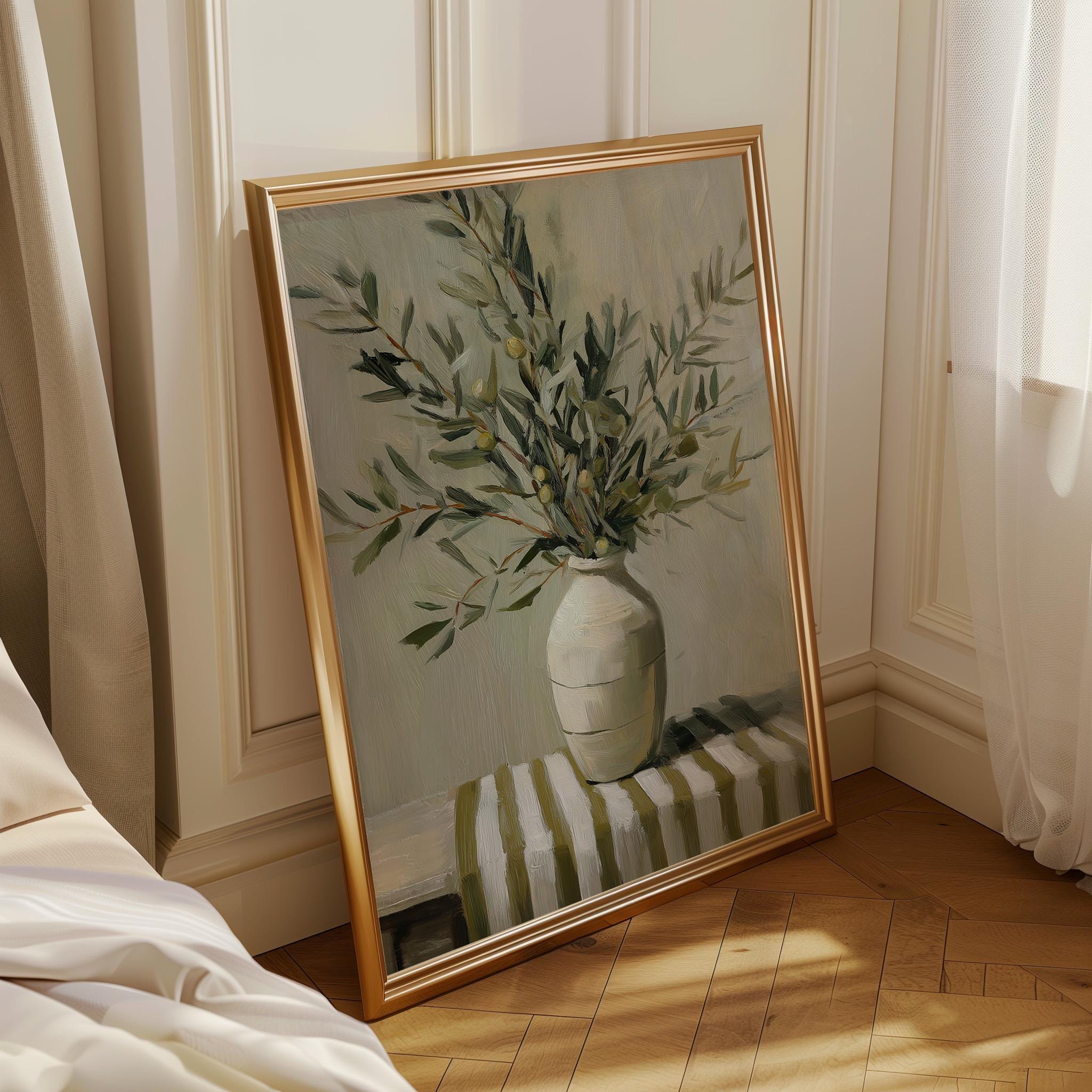 Olive Branch Vase Rustic Mediterranean Neutral Farmhouse Kitchen Wall Art by The Wall Art Studio - physical