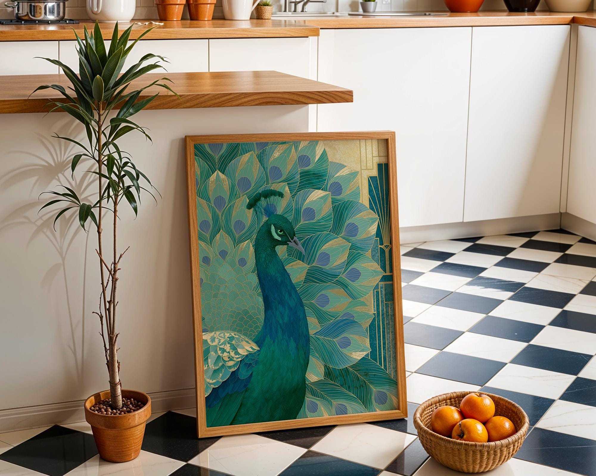 Blue & Green Art Deco Peacock Wall Art by The Wall Art Studio