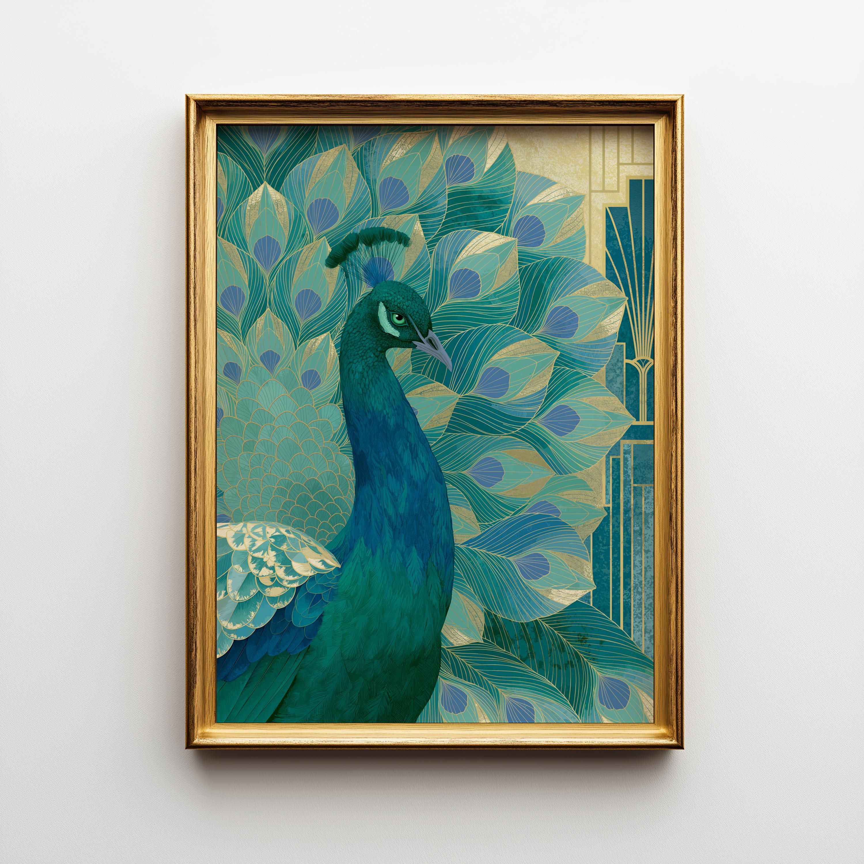 Blue & Green Art Deco Peacock Wall Art by The Wall Art Studio