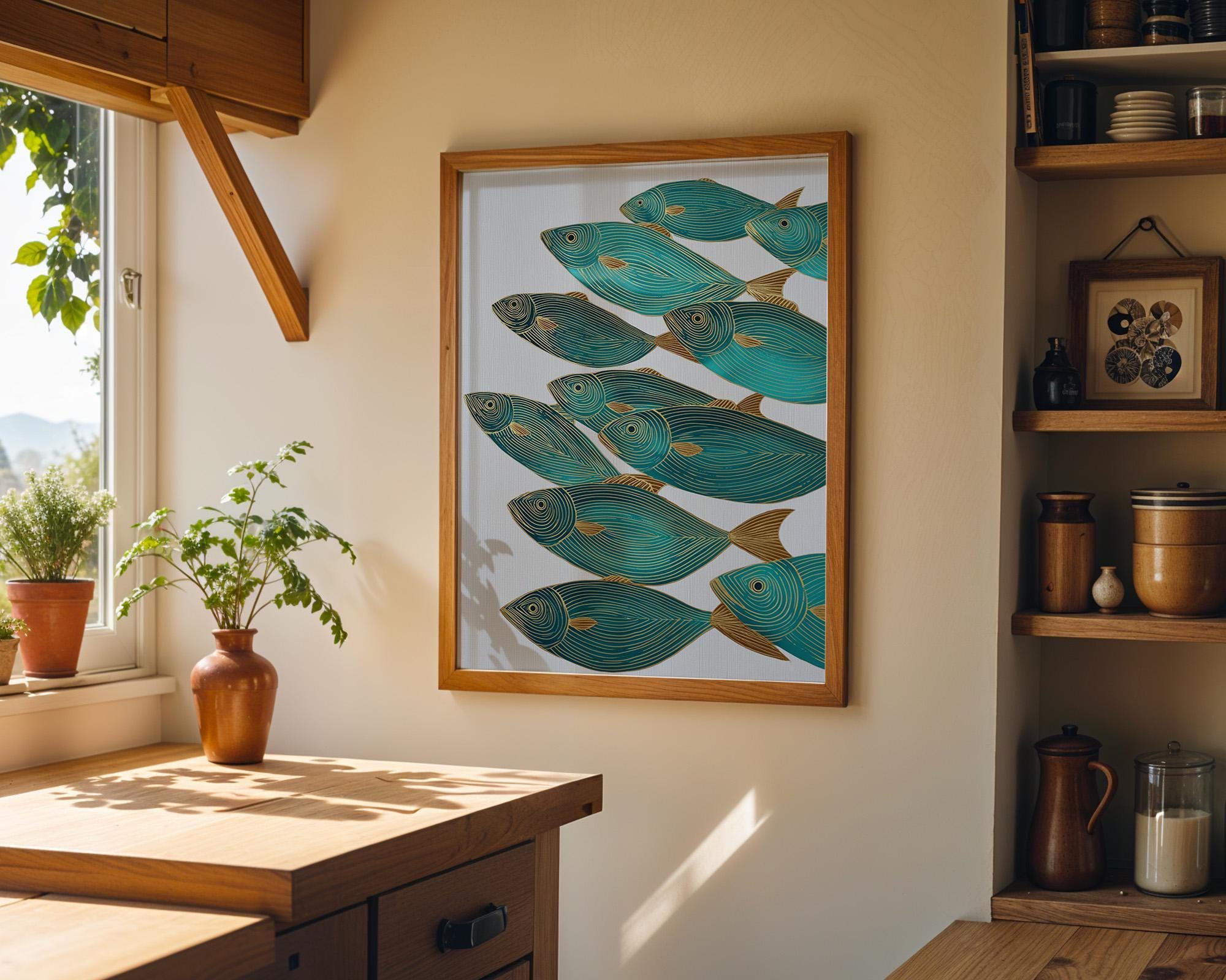 Teal Fish Coastal Nautical Ocean Mid Century Marine Wall Art