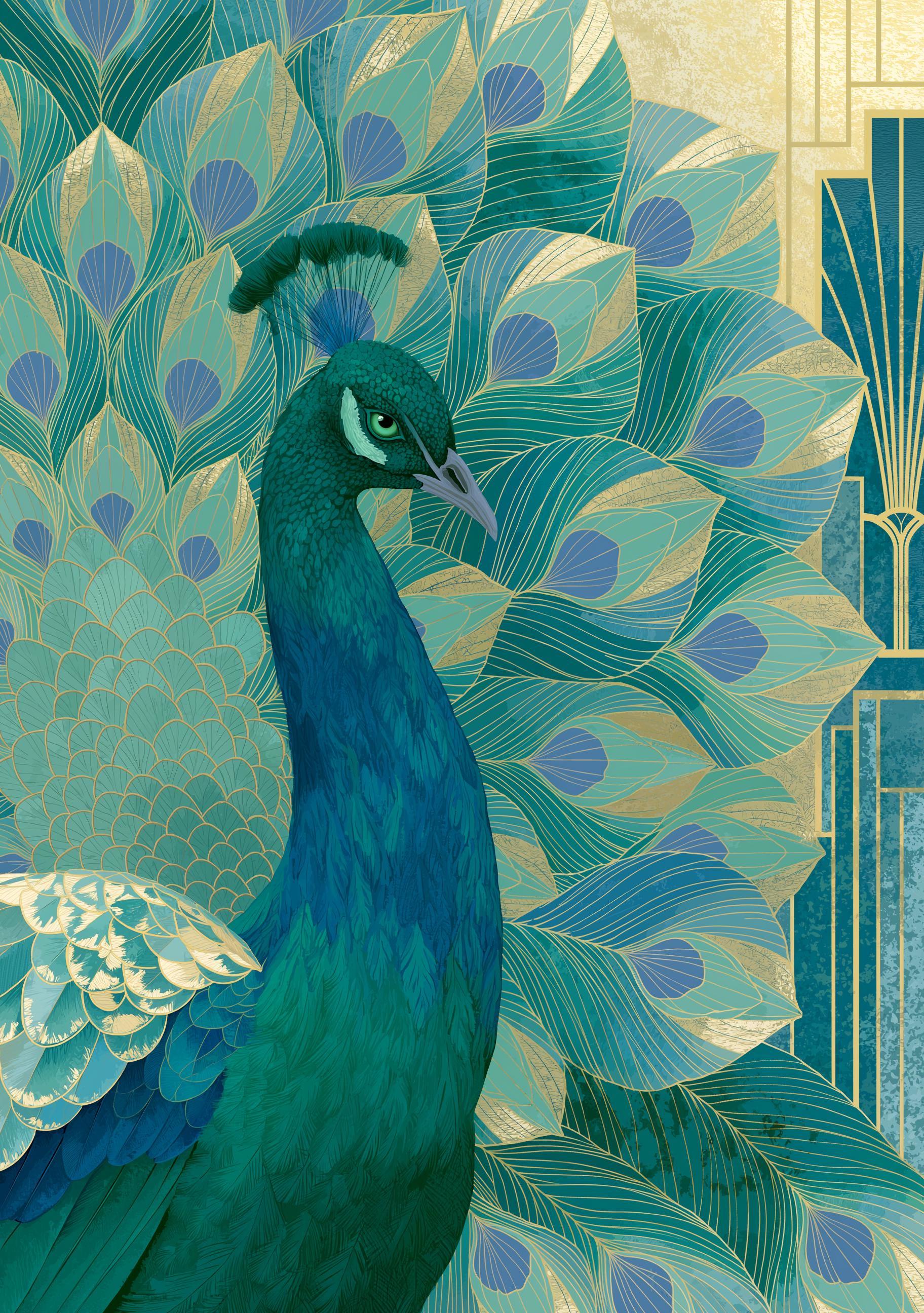 Blue & Green Art Deco Peacock Wall Art by The Wall Art Studio