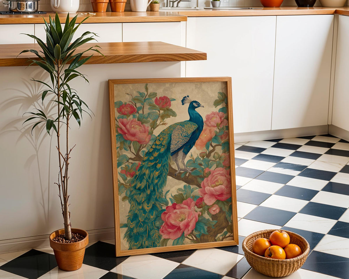 Chinoiserie Peacock & Peony Vintage Asian Floral Wall Art by The Wall Art Studio - physical