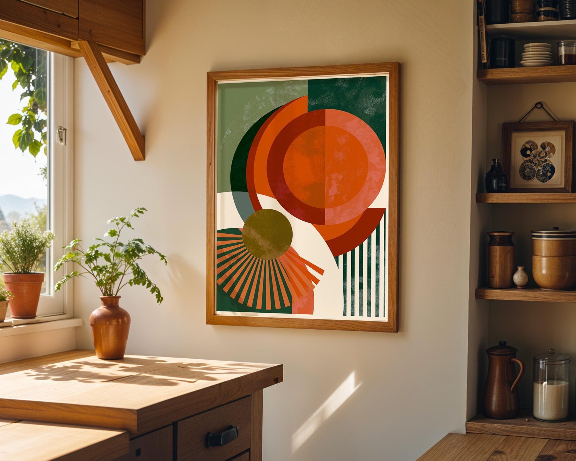 Retro Orange Green Mid Century Neo Deco Geometric Wall Art by The Wall Art Studio