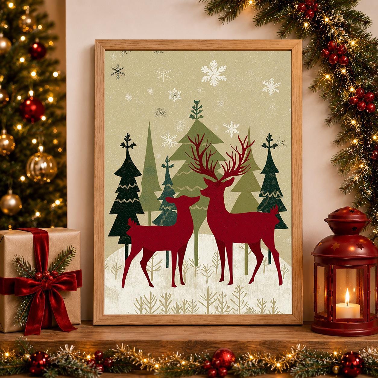 Scandinavian Christmas Nordic Reindeer Family Wall Art by The Wall Art Studio