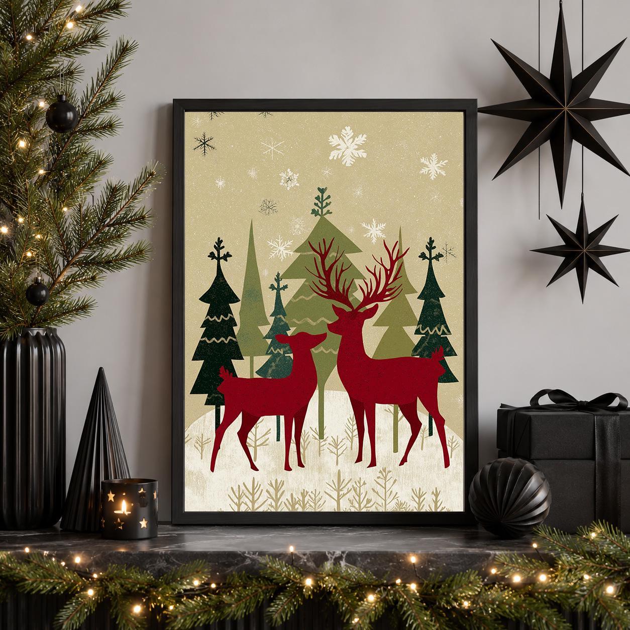 Scandinavian Christmas Nordic Reindeer Family Wall Art by The Wall Art Studio