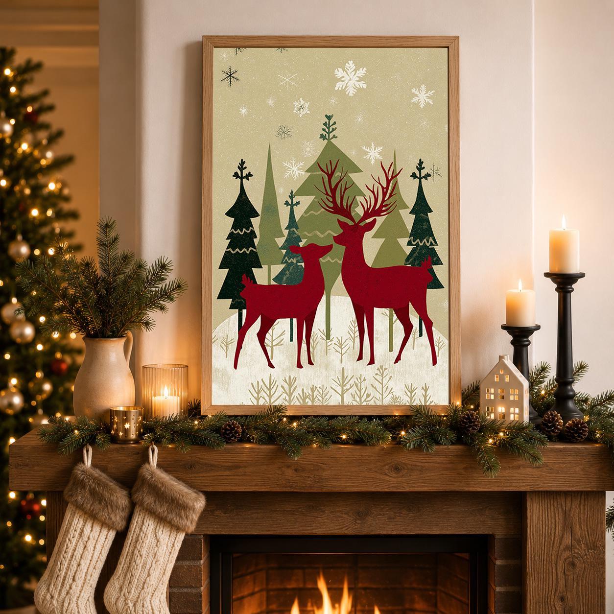 Scandinavian Christmas Nordic Reindeer Family Wall Art by The Wall Art Studio
