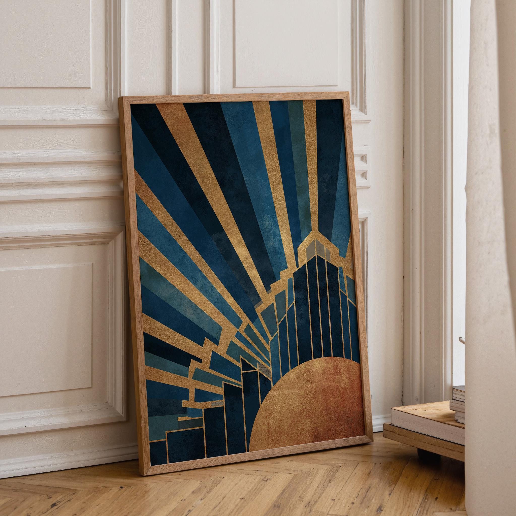 Navy & Gold Art Deco Sunburst Geometric Wall Art by The Wall Art Studio
