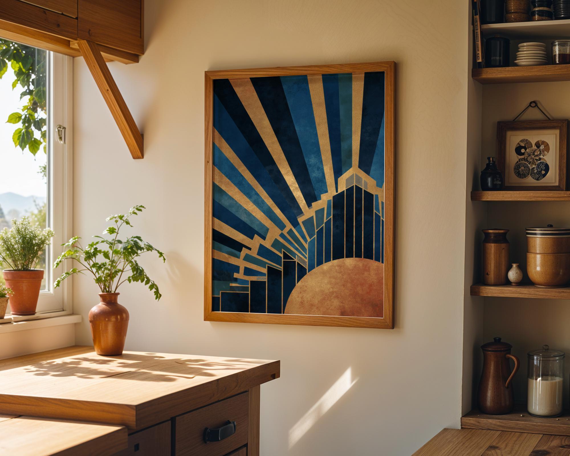 Navy & Gold Art Deco Sunburst Geometric Wall Art by The Wall Art Studio