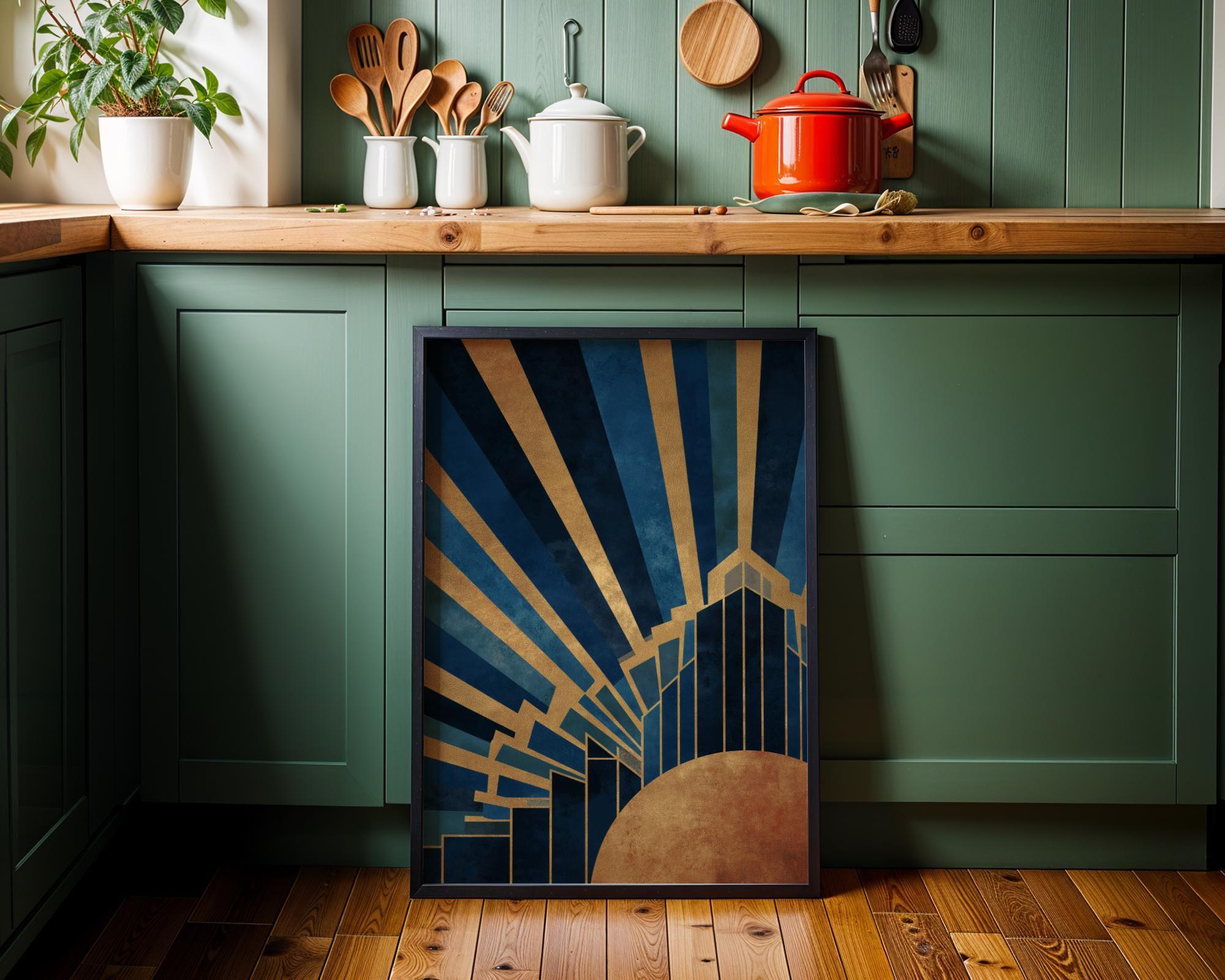 Navy & Gold Art Deco Sunburst Geometric Wall Art by The Wall Art Studio