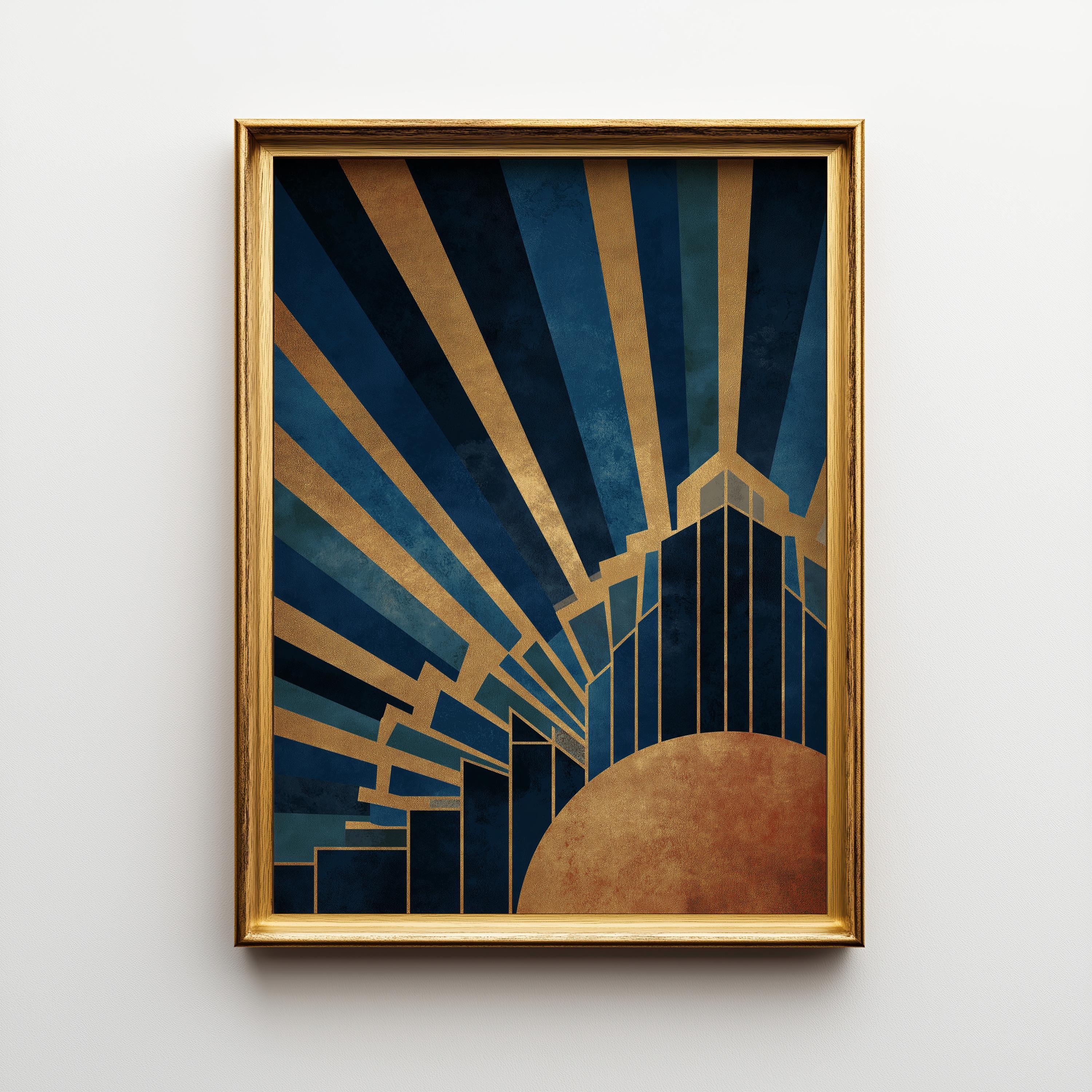 Navy & Gold Art Deco Sunburst Geometric Wall Art by The Wall Art Studio