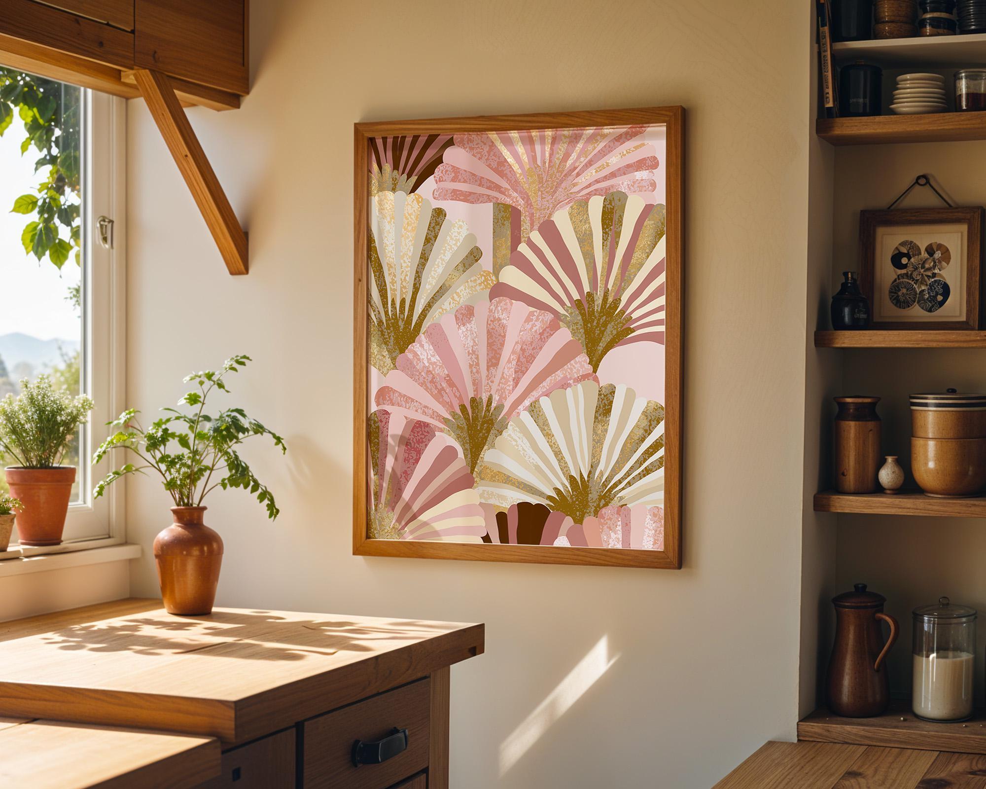 Blush Pink & Gold Abstract Neo Deco Fan Pattern Wall Art by The Wall Art Studio