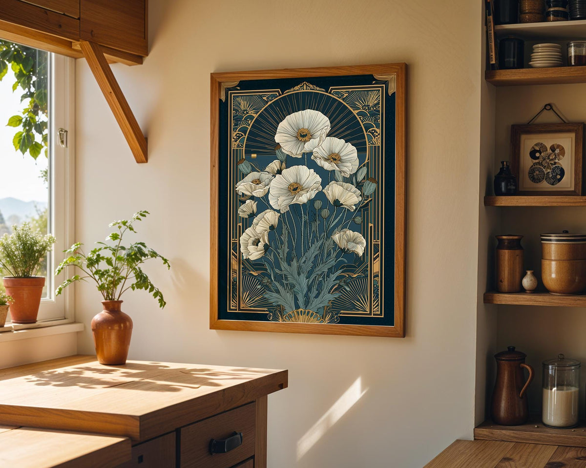 Navy Blue & Gold Art Deco Vintage Botanical Luxury Floral Wall Art