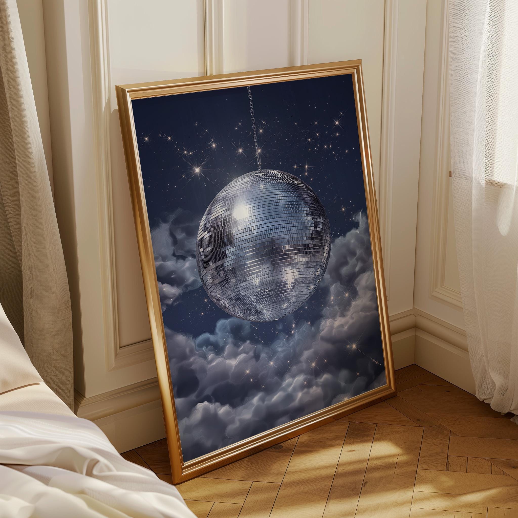 Celestial Disco Ball Midnight Sky Retro Blue Wall Art by The Wall Art Studio