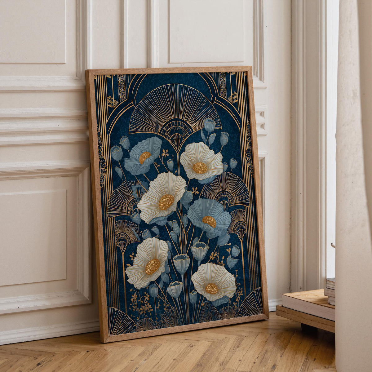 Navy Blue and Gold Art Deco Vintage Botanical Floral Wall Art by The Wall Art Studio